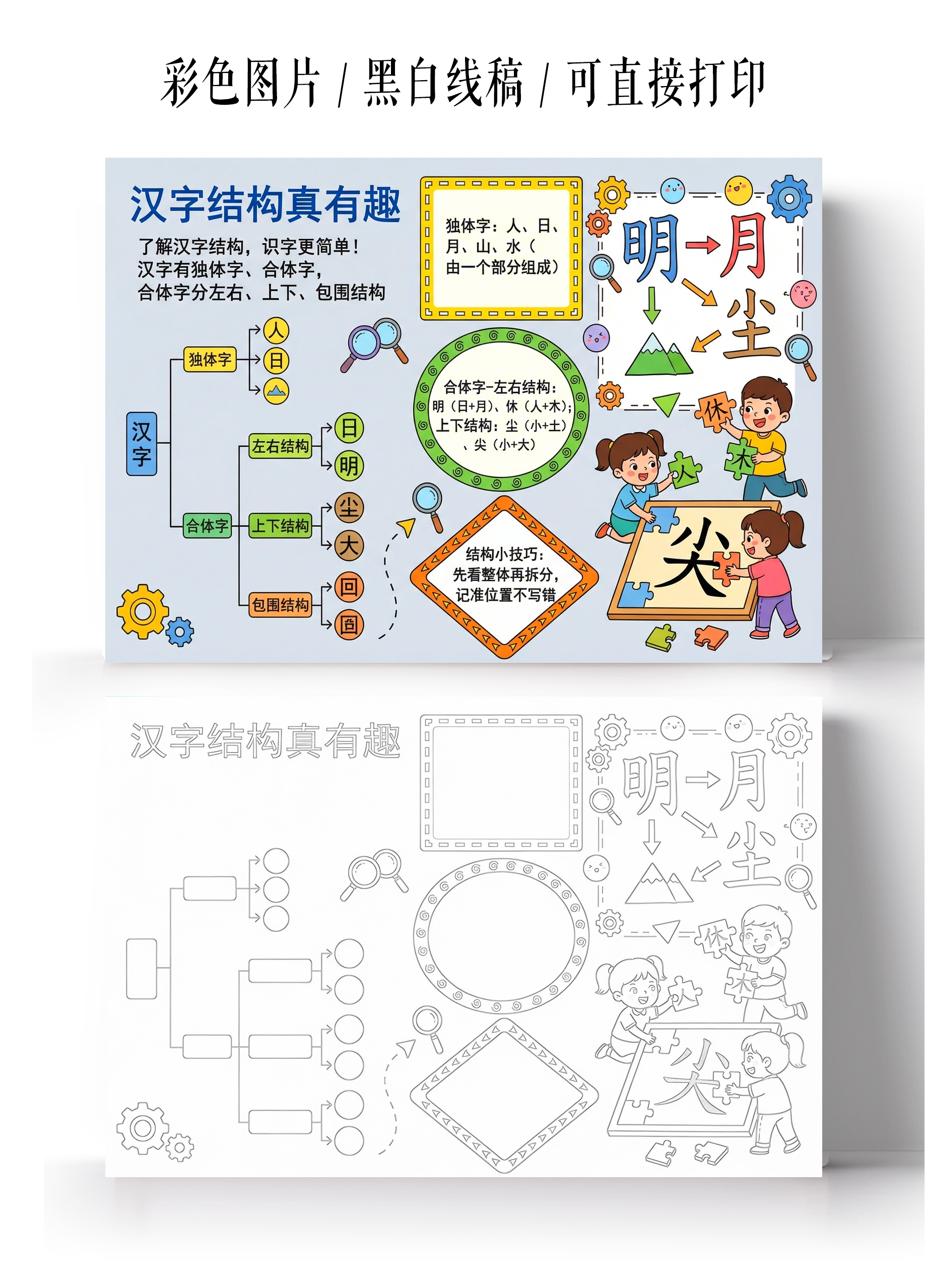 彩色卡通手绘汉字结构真有趣小报手抄报