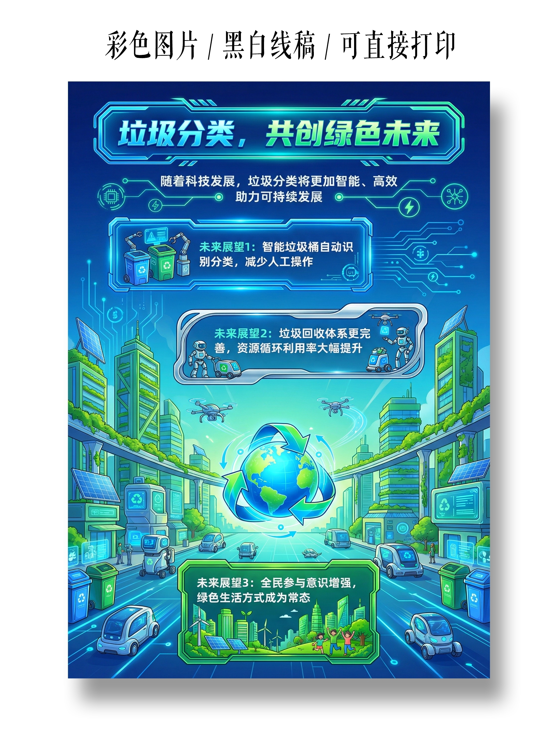 彩色卡通手绘垃圾分类共创绿色未来小报手抄报