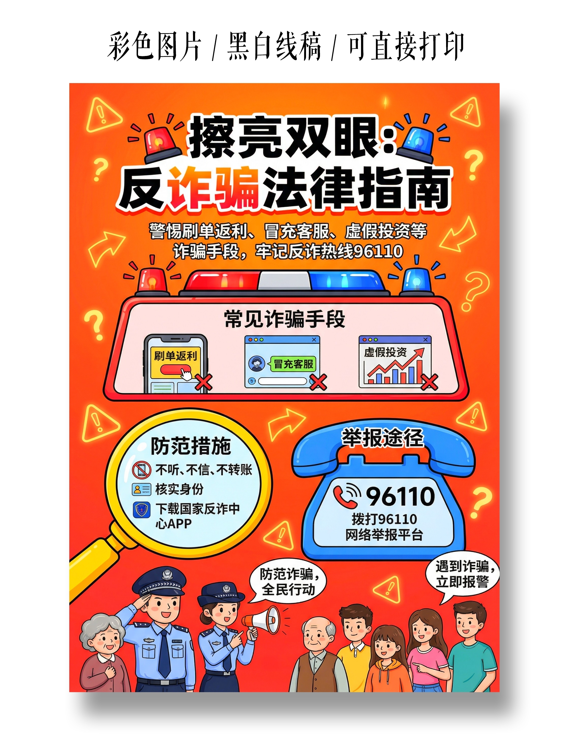 道德与法治彩色卡通手绘擦亮双眼反诈骗法律指南小报手抄报