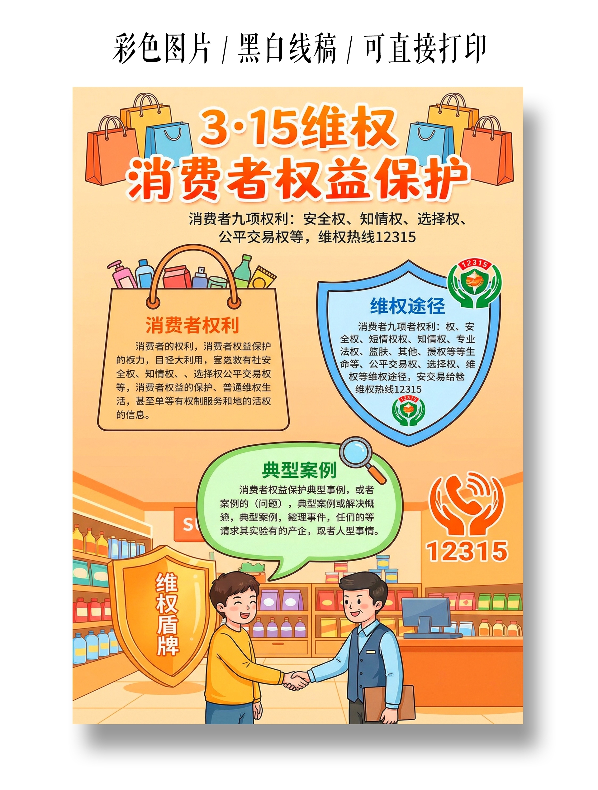 彩色卡通手绘315维权 消费者权益保护小报手抄报