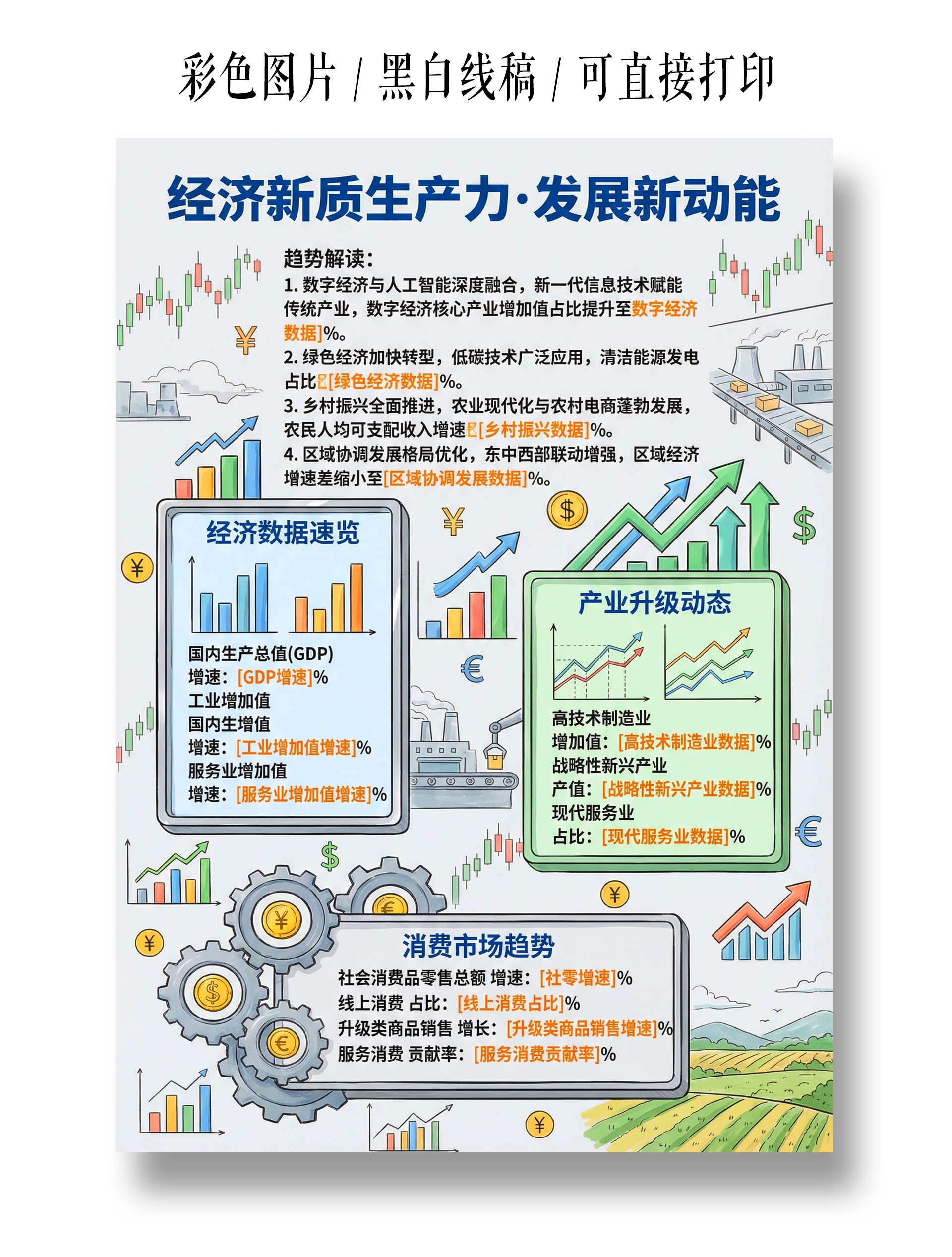 彩色卡通手绘经济新质生产力发展新动能小报手抄报