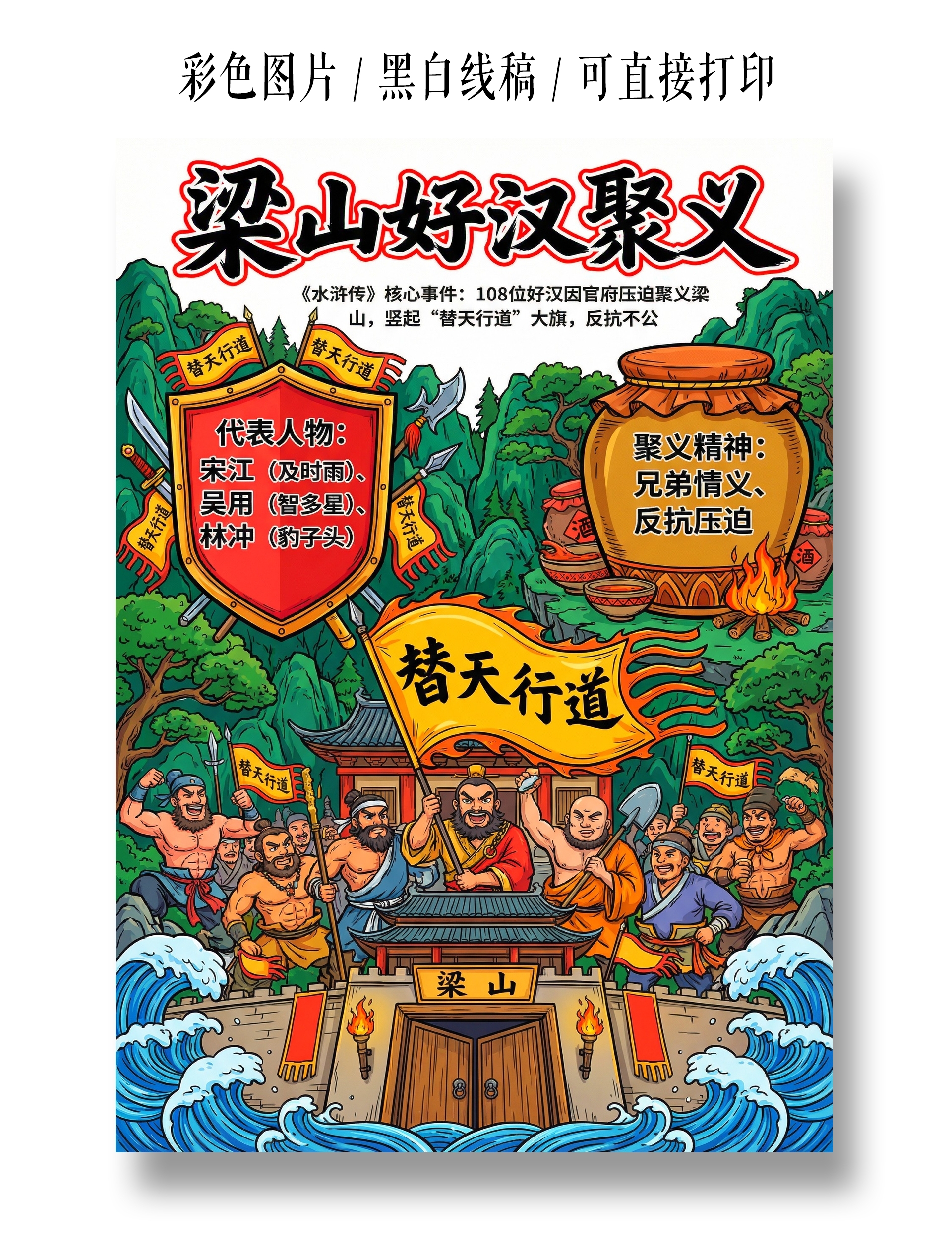 彩色卡通手绘梁山好汉聚义小报手抄报