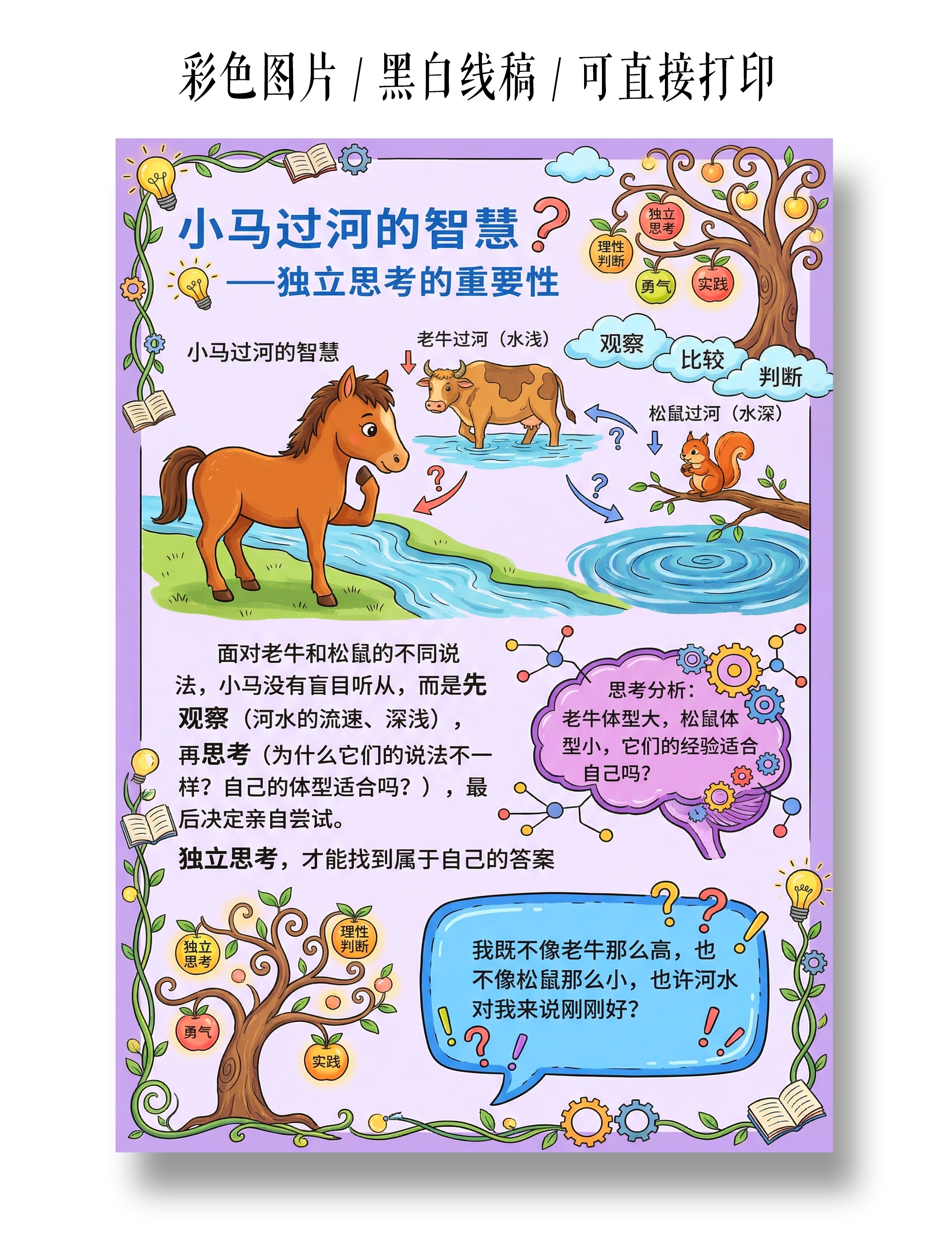 彩色卡通手绘小马过河的智慧小报手抄报