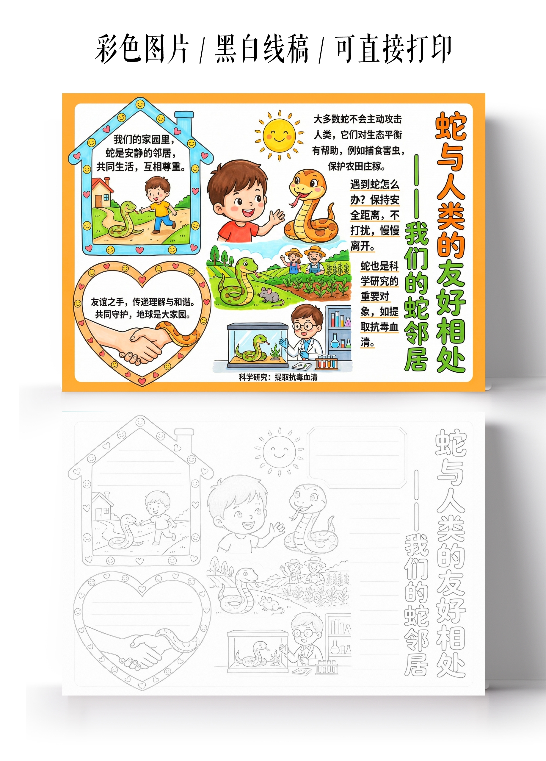 彩色卡通手绘蛇与人类的友好相处小报手抄报