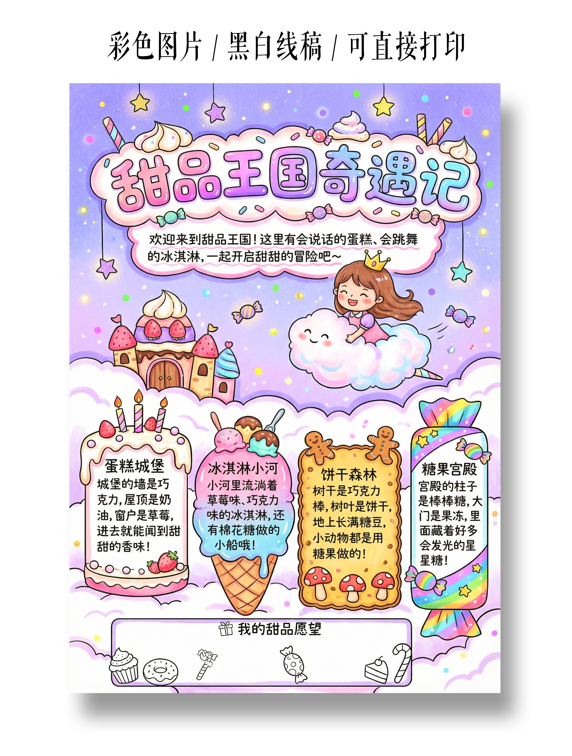 彩色卡通手绘甜品王国奇遇记小报手抄报
