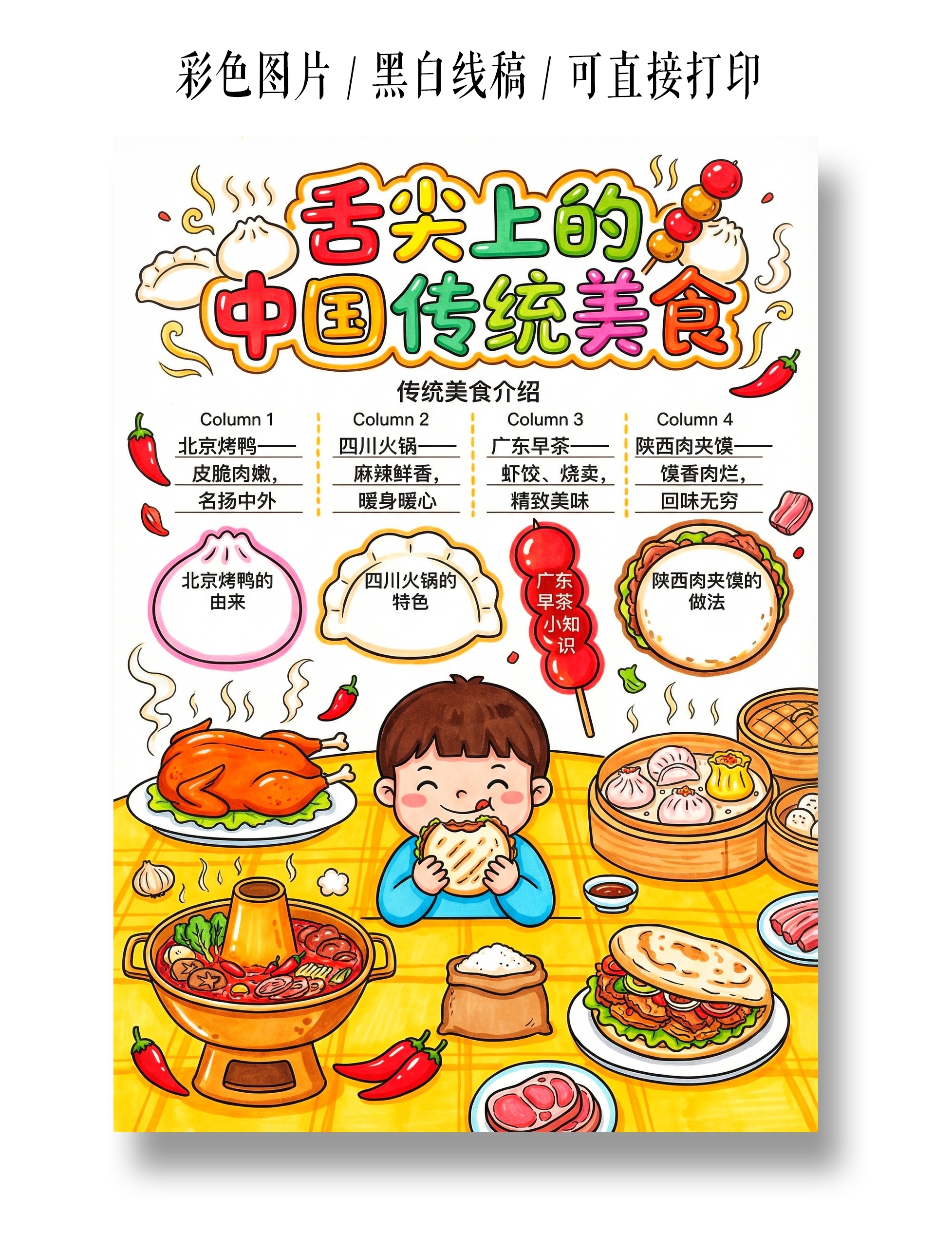 彩色卡通手绘舌尖上的中国美食小报手抄报
