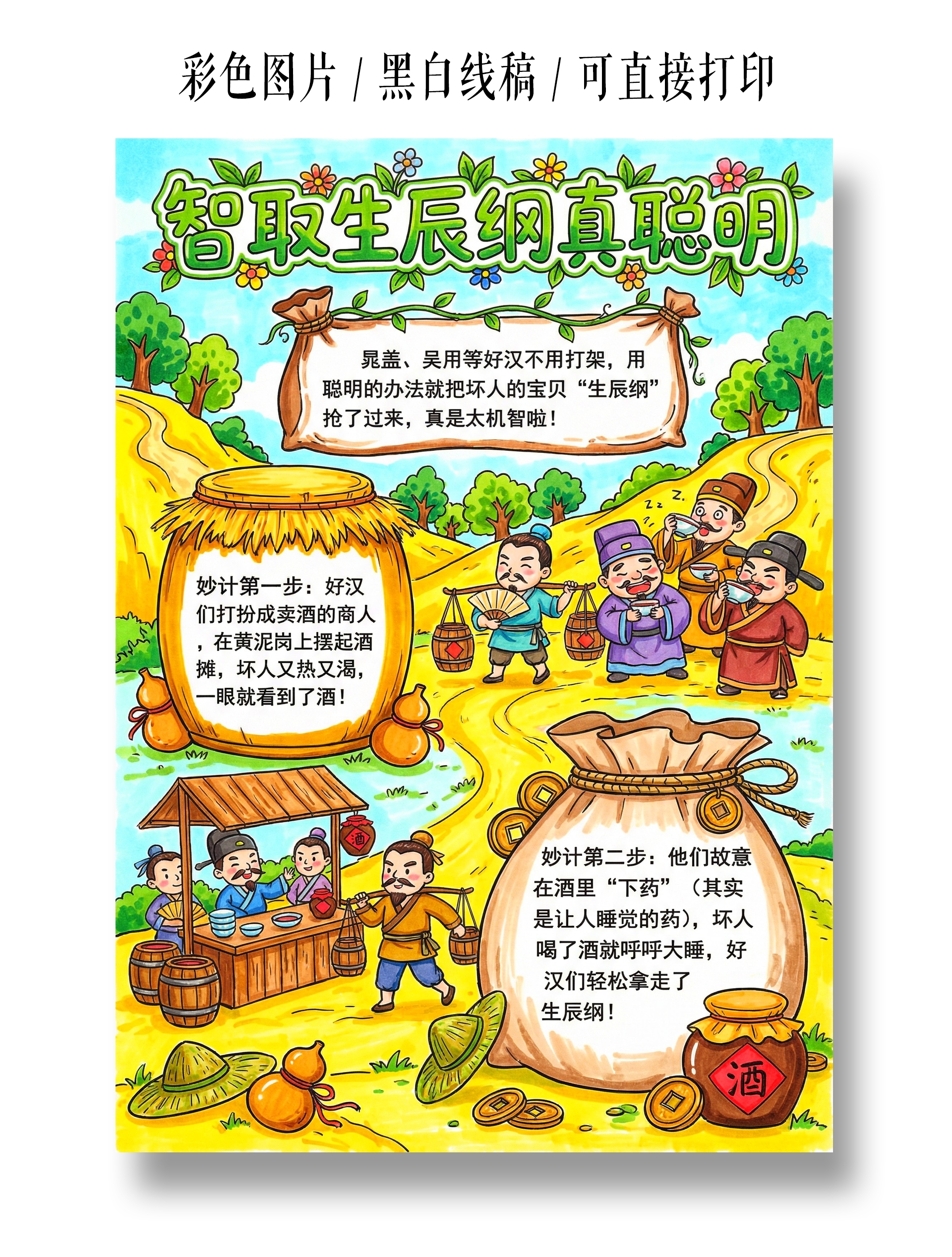 彩色卡通手绘智取生辰纲真聪明小报手抄报