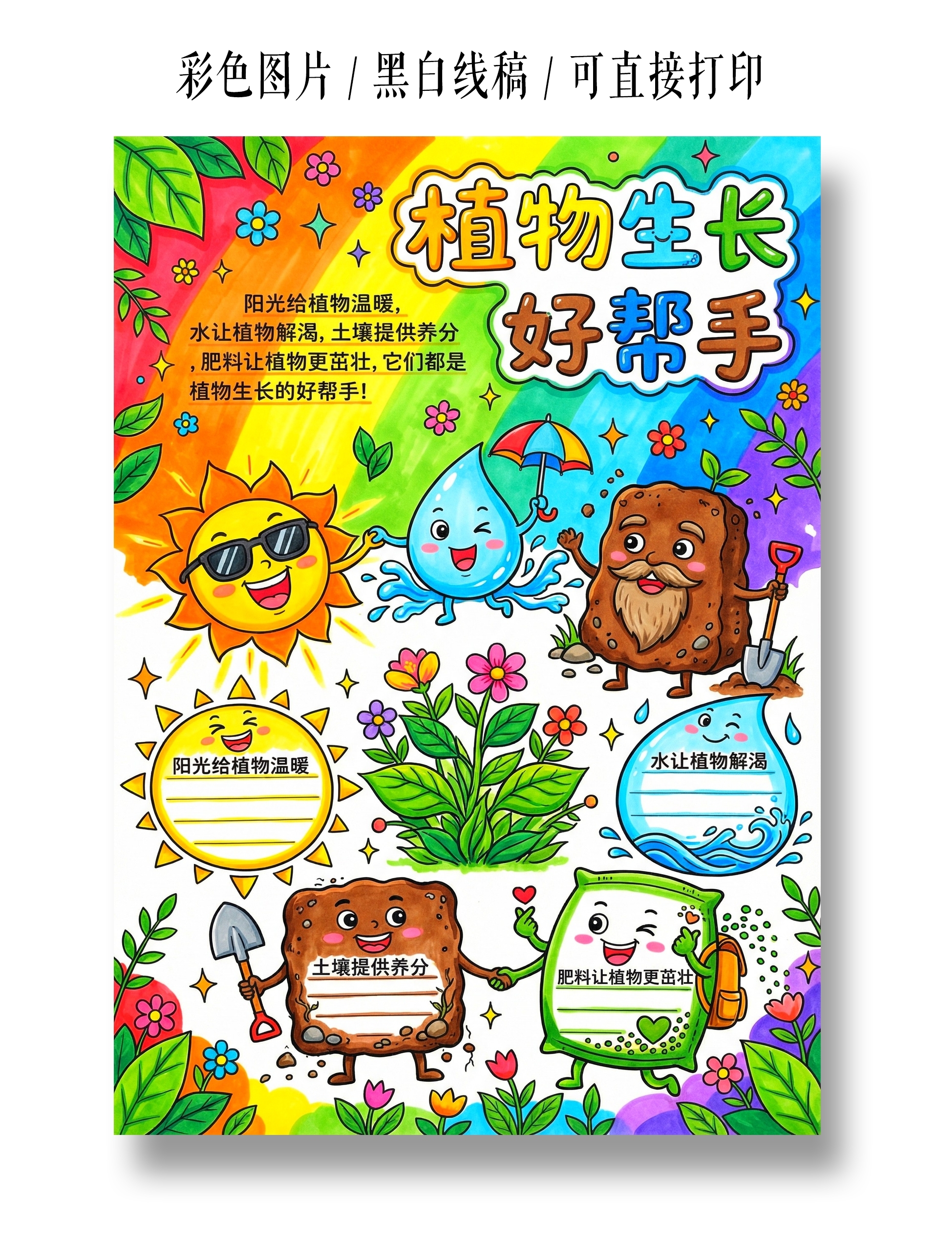 彩色卡通手绘植物生长好帮手小报手抄报
