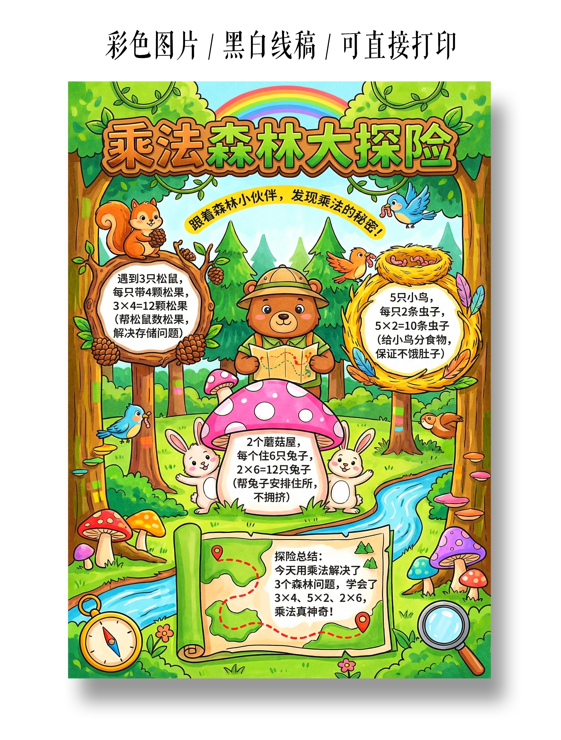 彩色卡通手绘乖法森林大探险小报手抄报