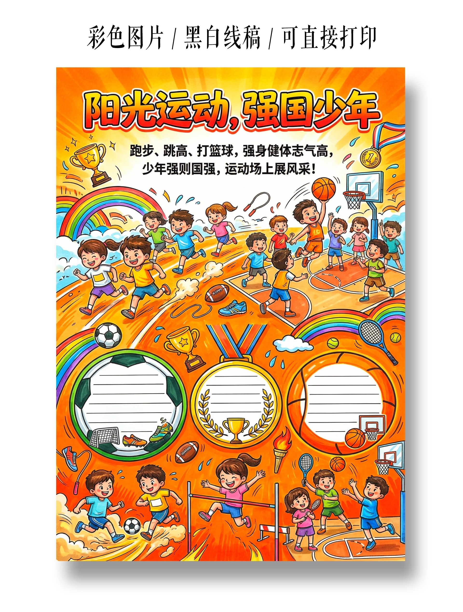彩色卡通手绘阳光运动强国少年小报手抄报