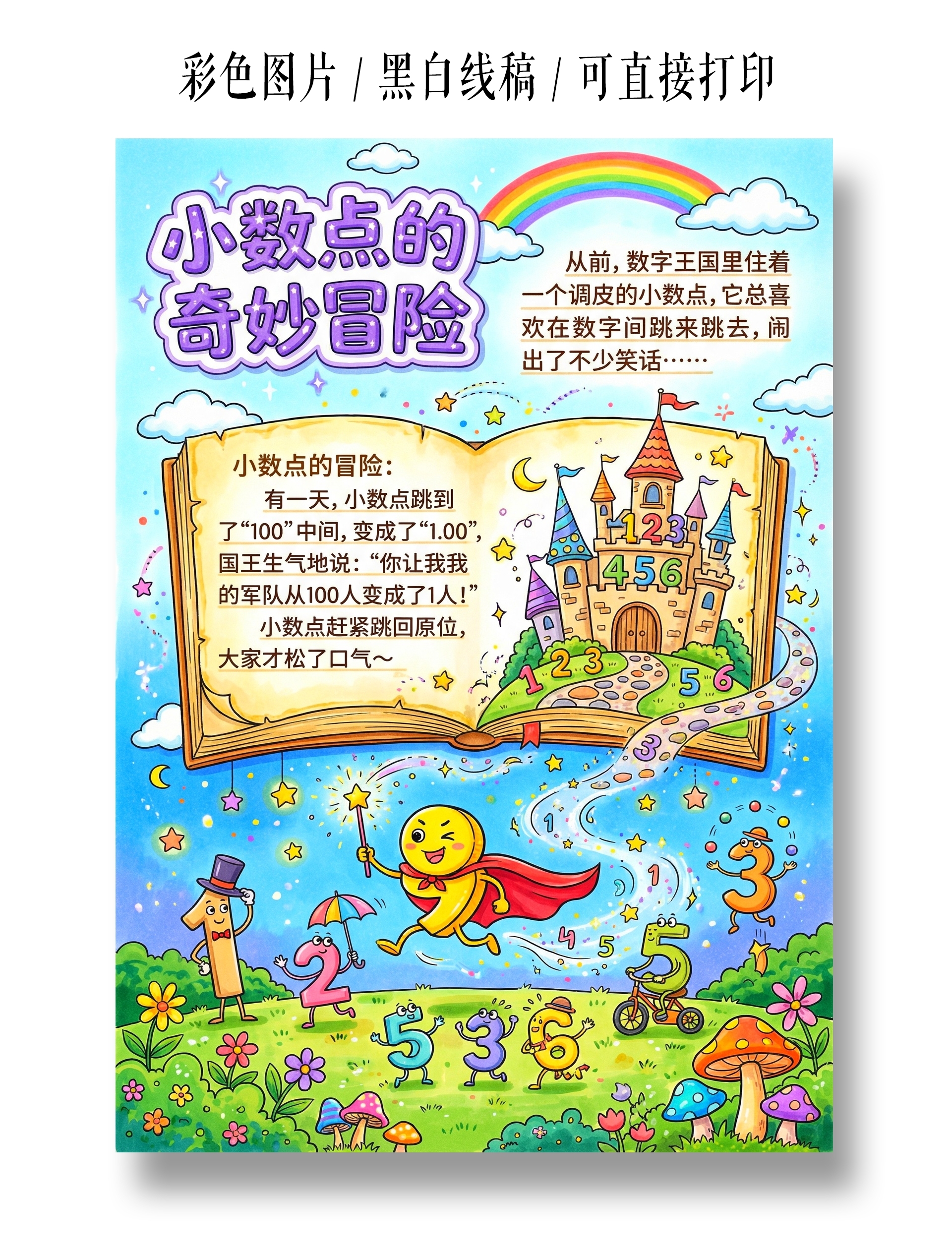 彩色卡通手绘小数点的奇妙冒险小报手抄报