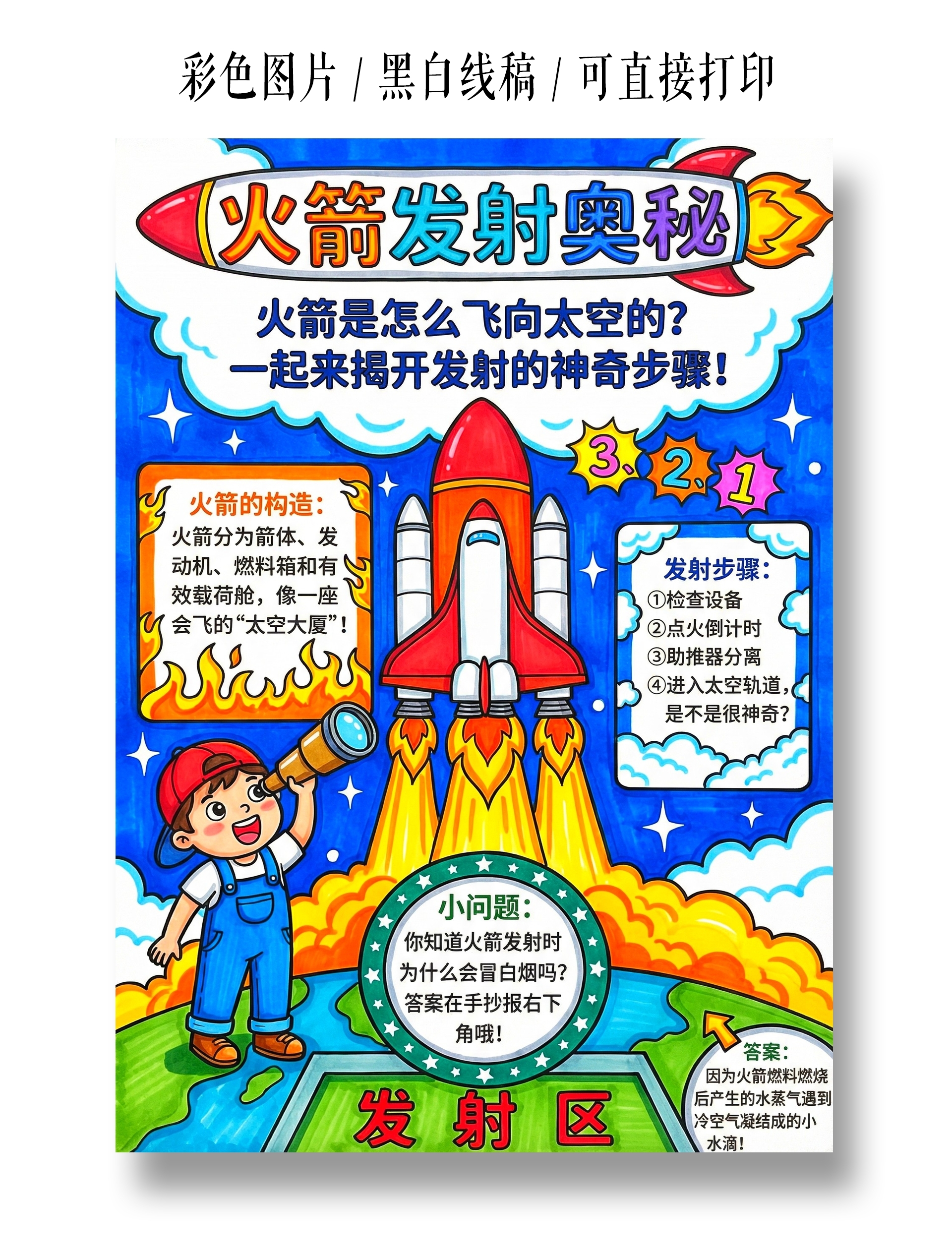 彩色卡通手绘火箭发射奥秘小报手抄报