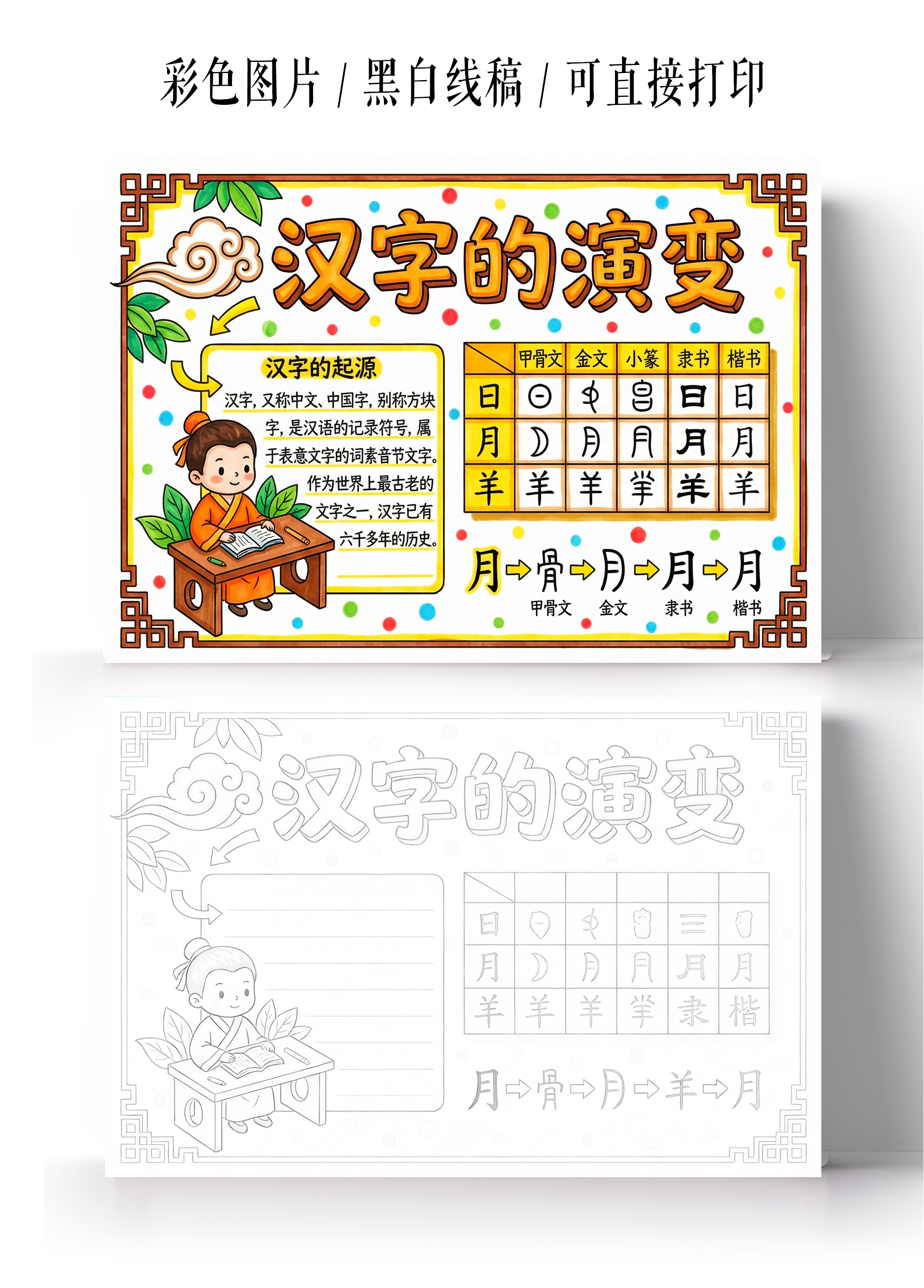 彩色卡通手绘汉字的演变小报手抄报
