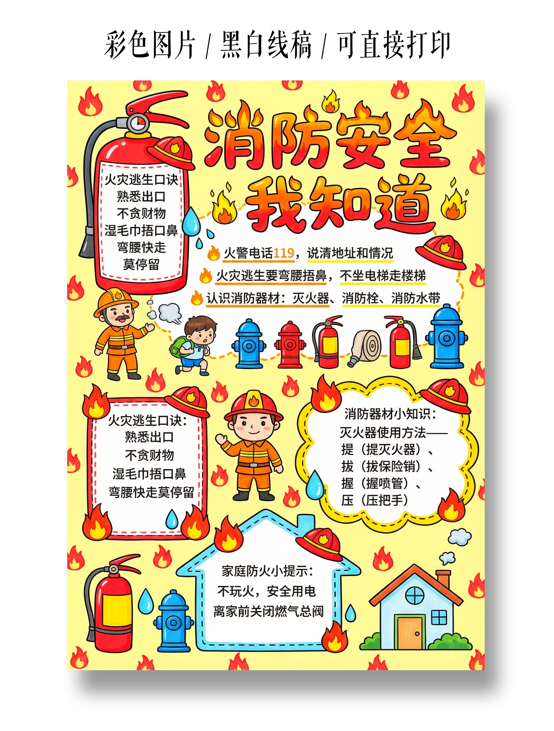 小学生安全彩色卡通手绘消防安全我知道小报手抄报