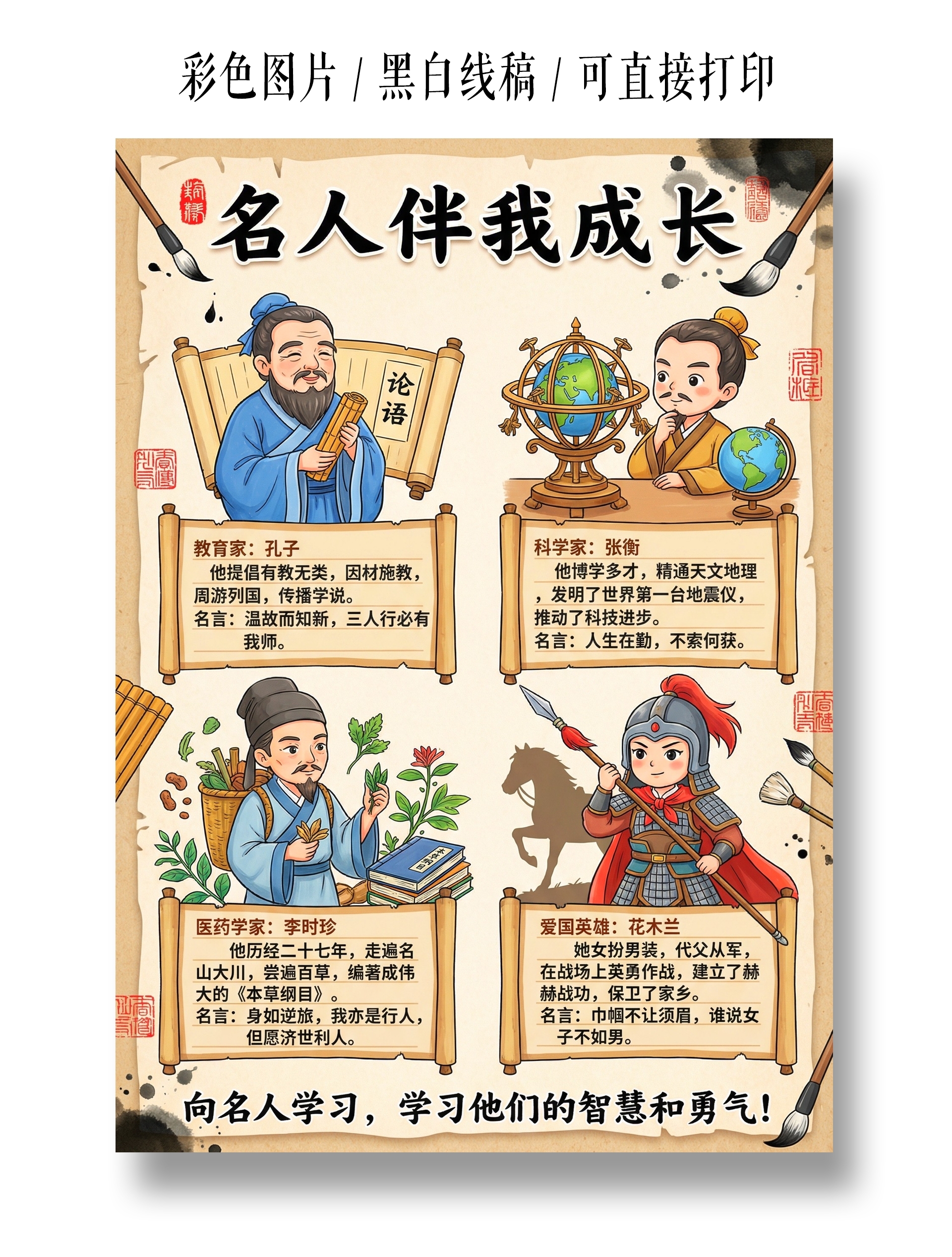 彩色卡通手绘名人伴我成长小报手抄报