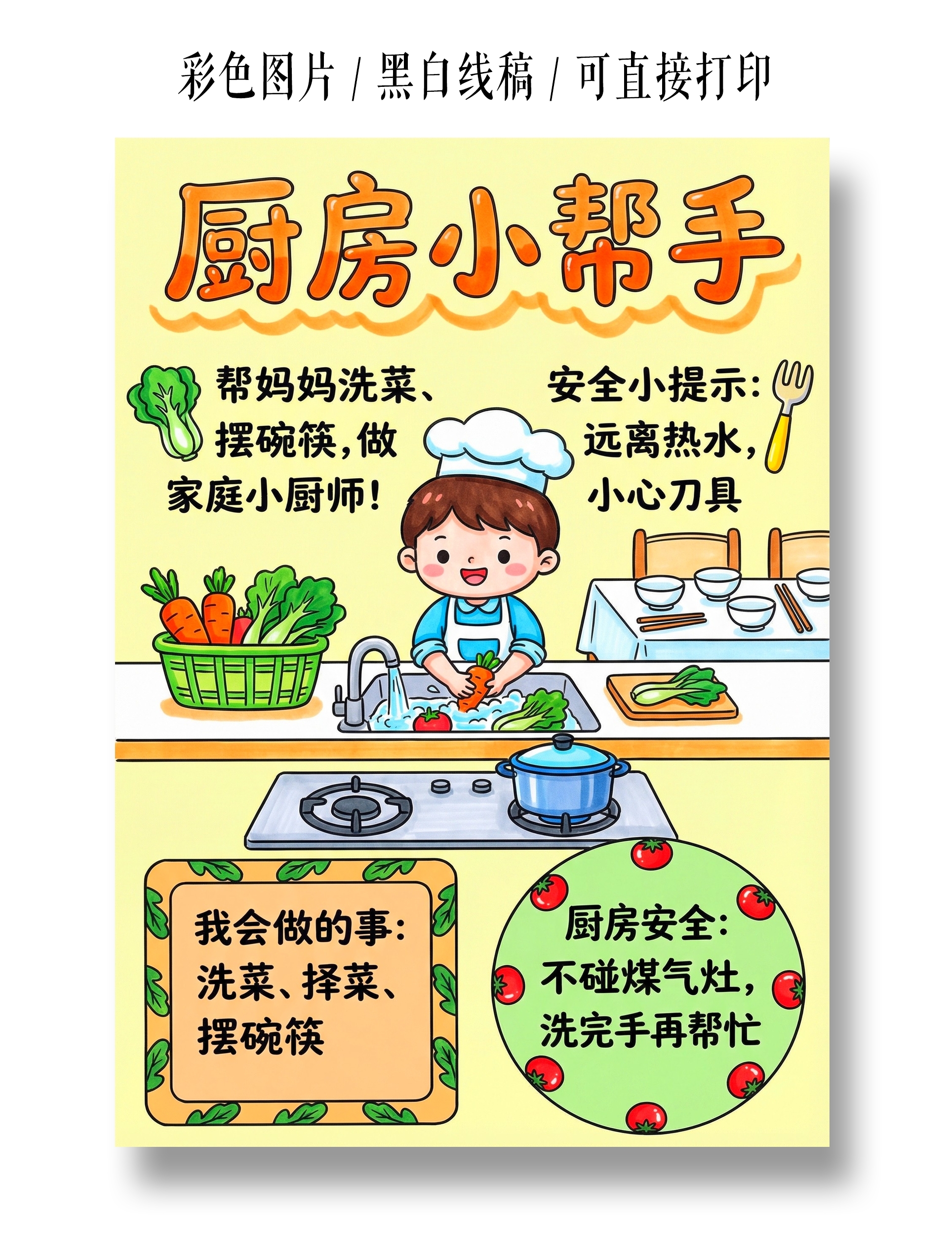 彩色卡通手绘厨房小帮手小报手抄报