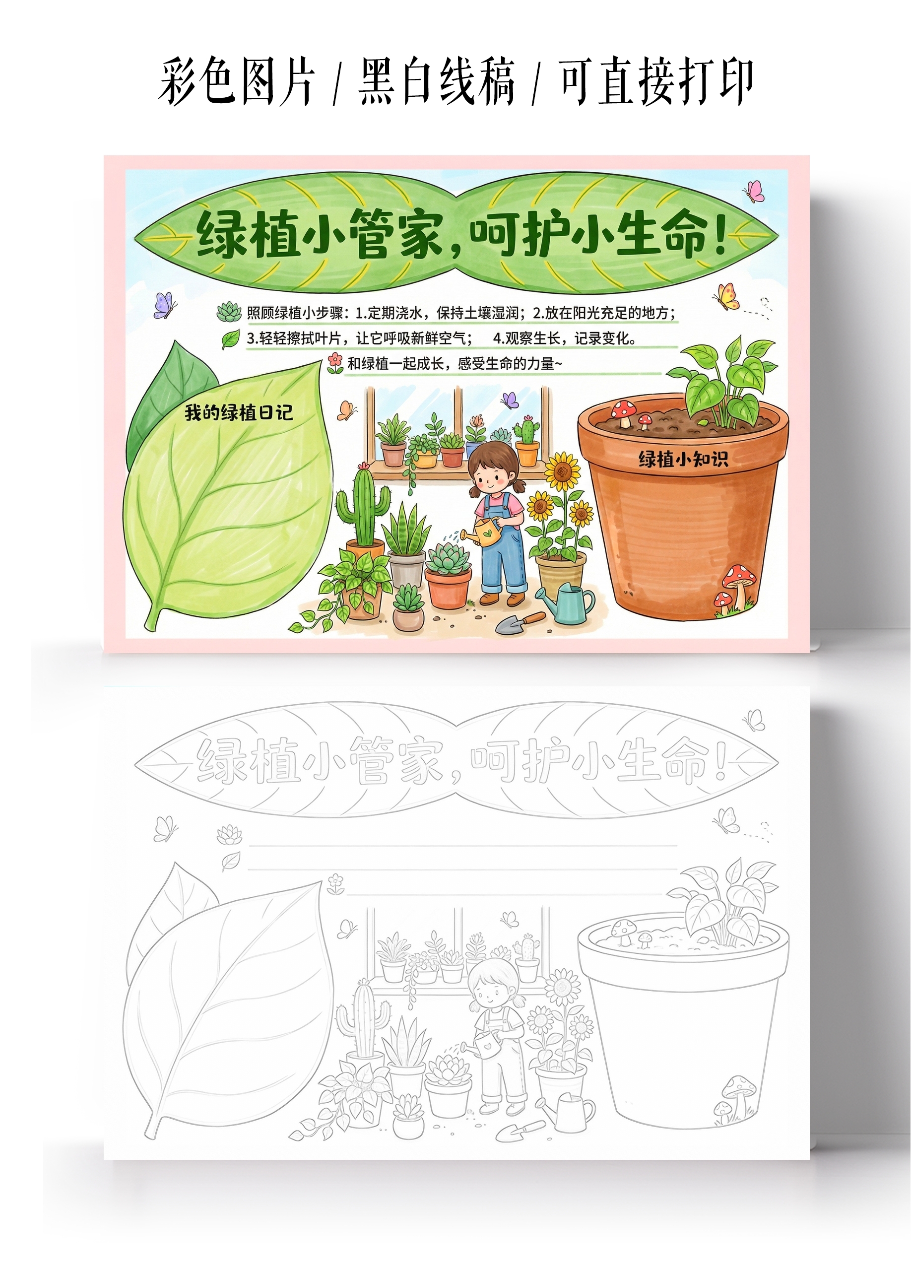 彩色卡通手绘绿植小管家呵护小生命小报手抄报