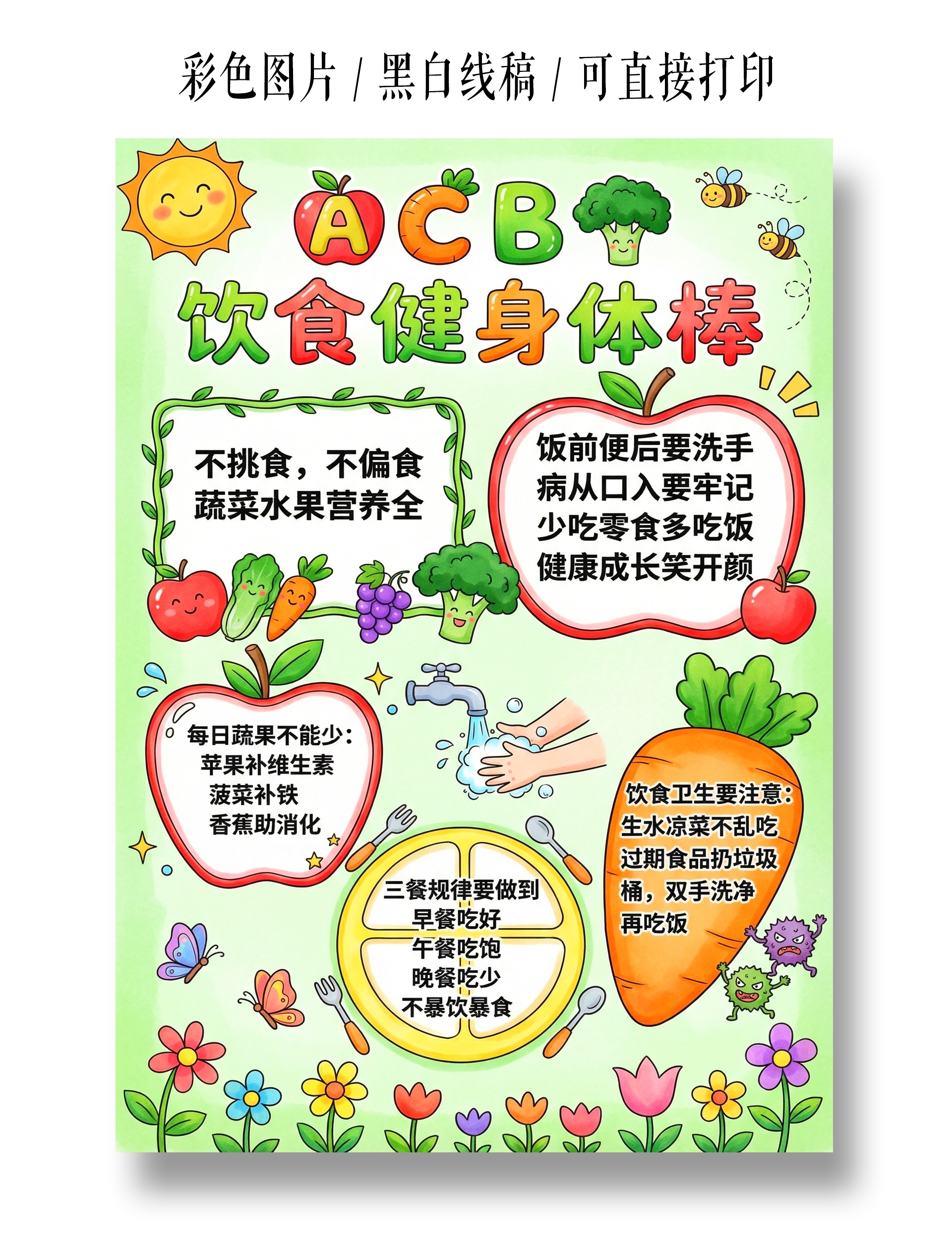彩色卡通手绘饮食健康身体棒小报手抄报