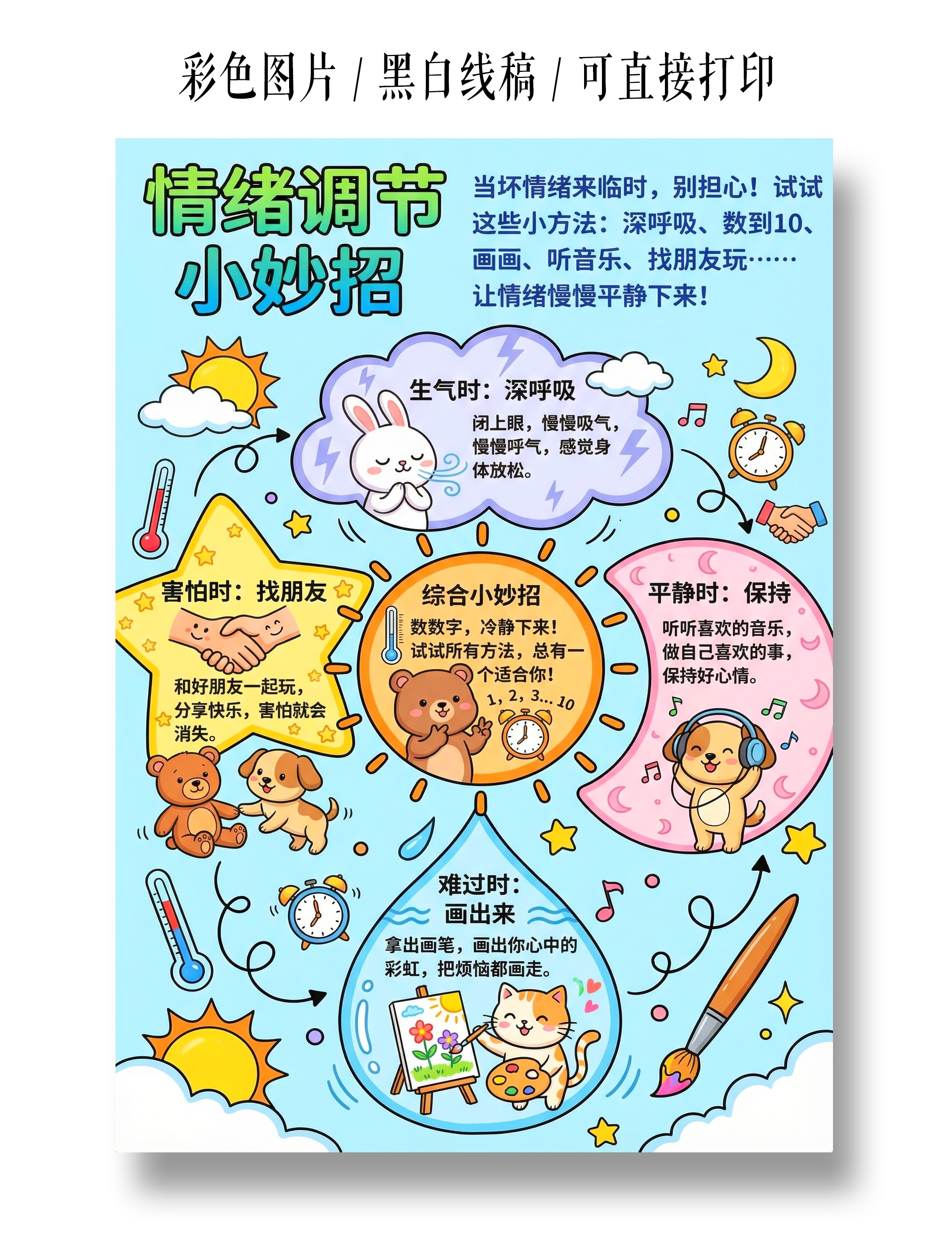 彩色卡通手绘调节情绪小妙招小报手抄报