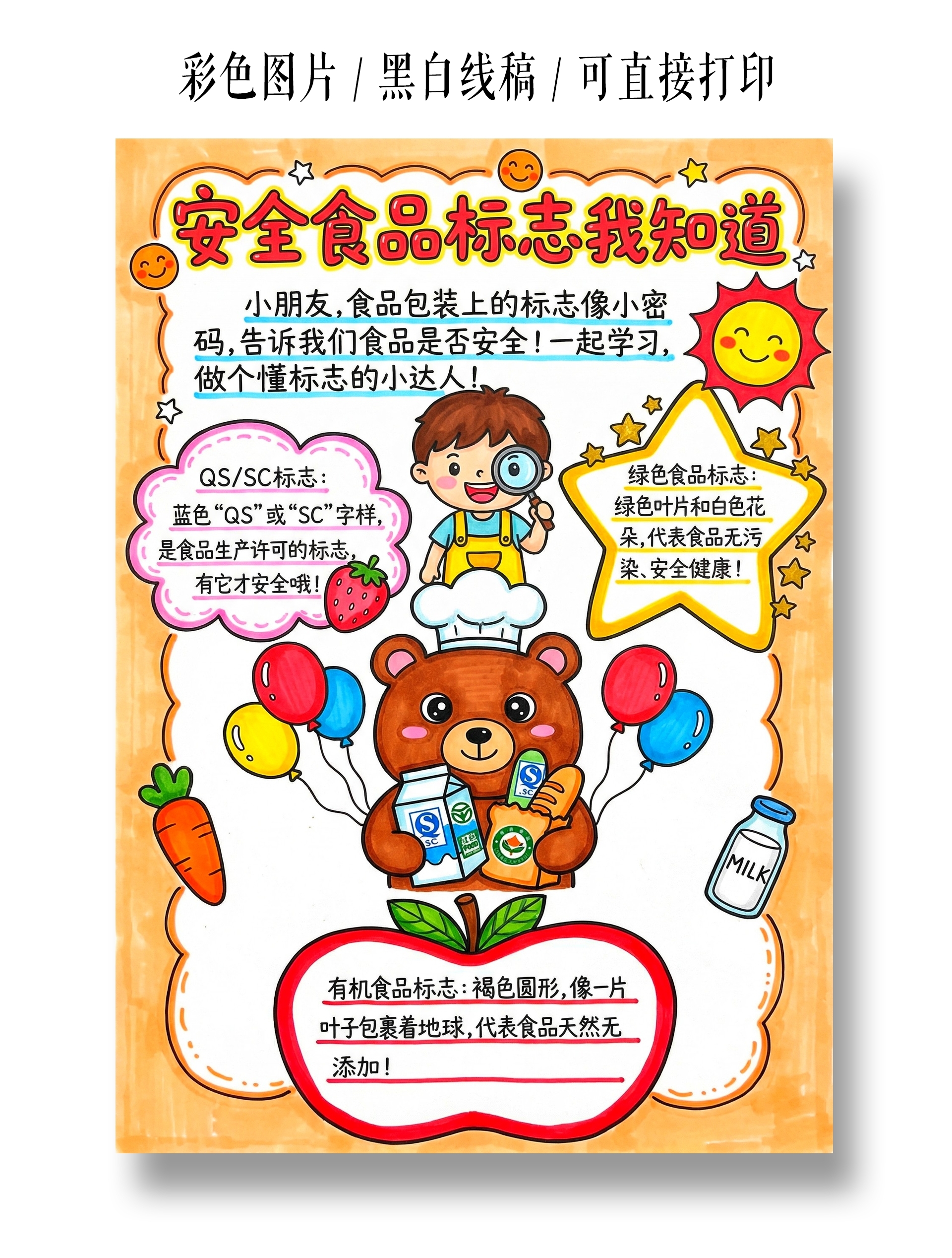 彩色卡通手绘安全食品标志我知道小报手抄报