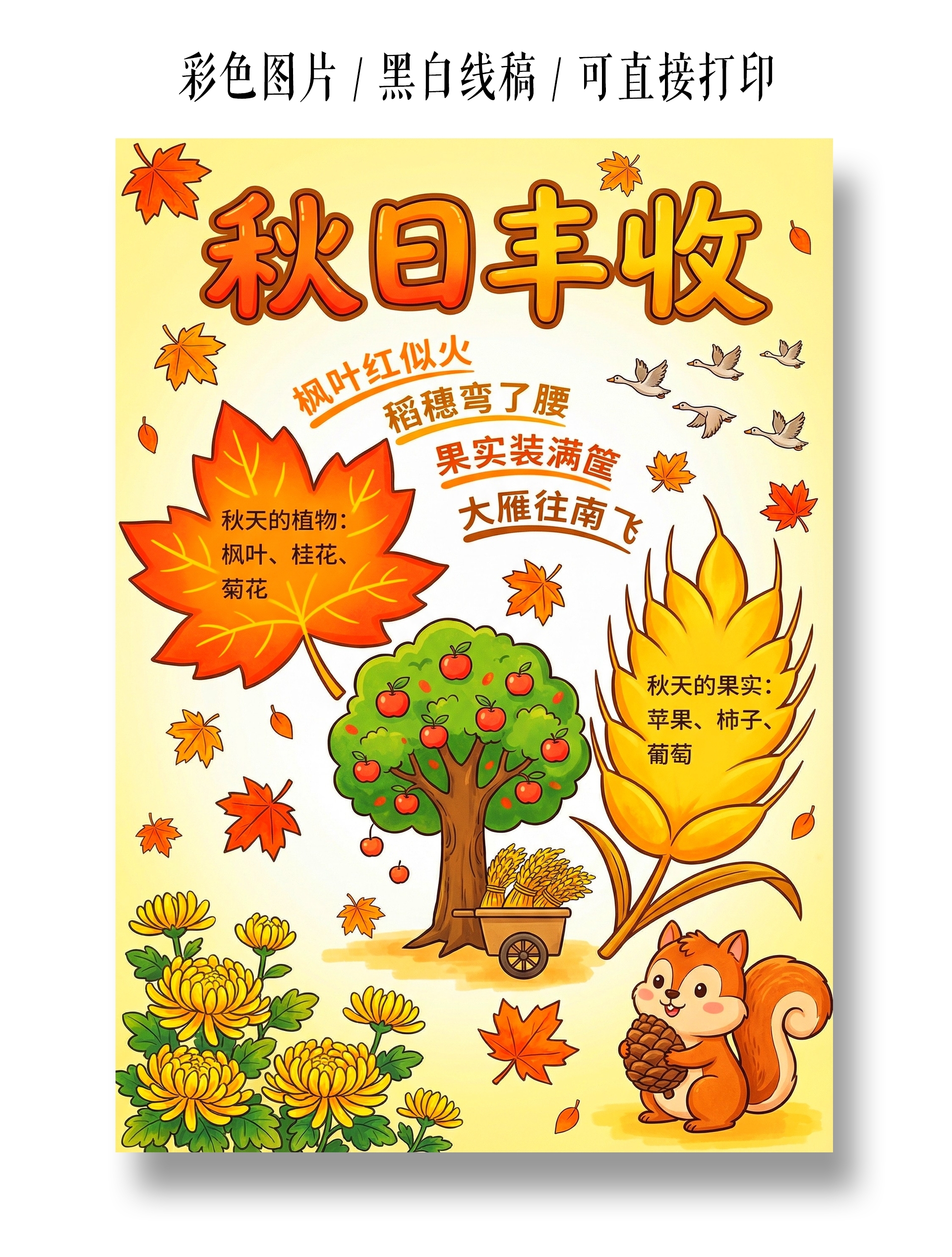 彩色卡通手绘秋天小报手抄报