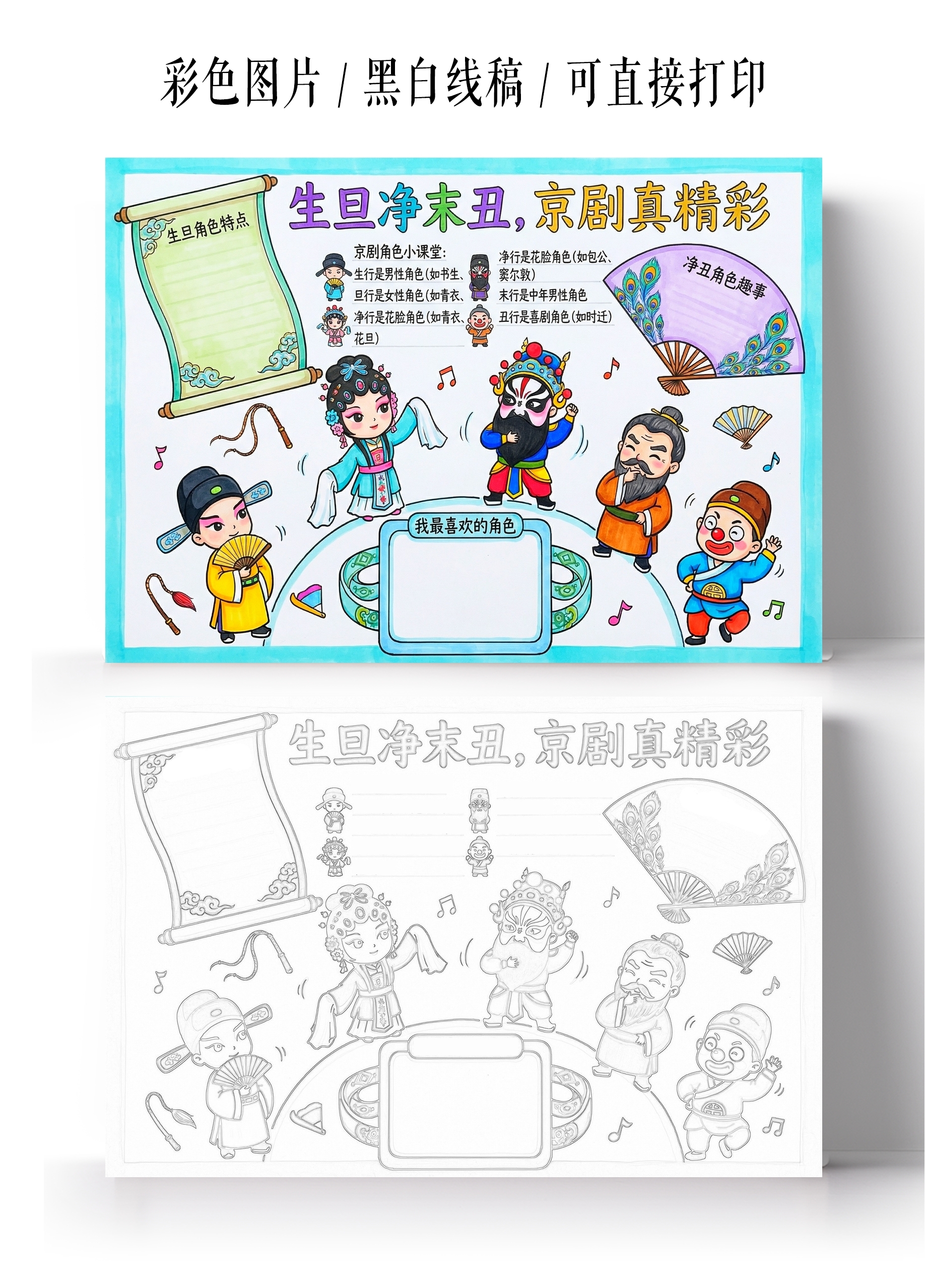 彩色卡通手绘生旦净末丑京剧真精彩小报手抄报