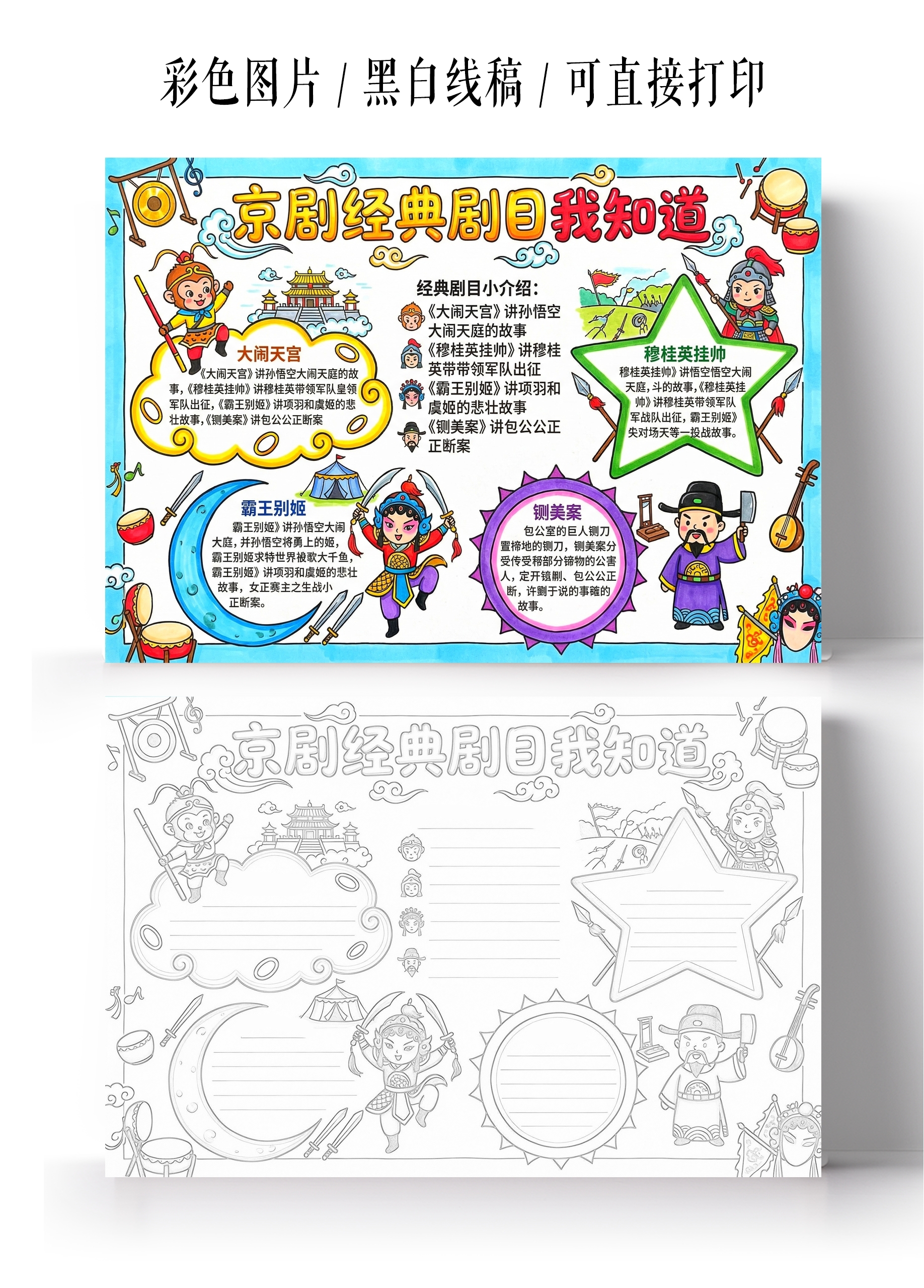 彩色卡通手绘京剧经典剧目我知道小报手抄报