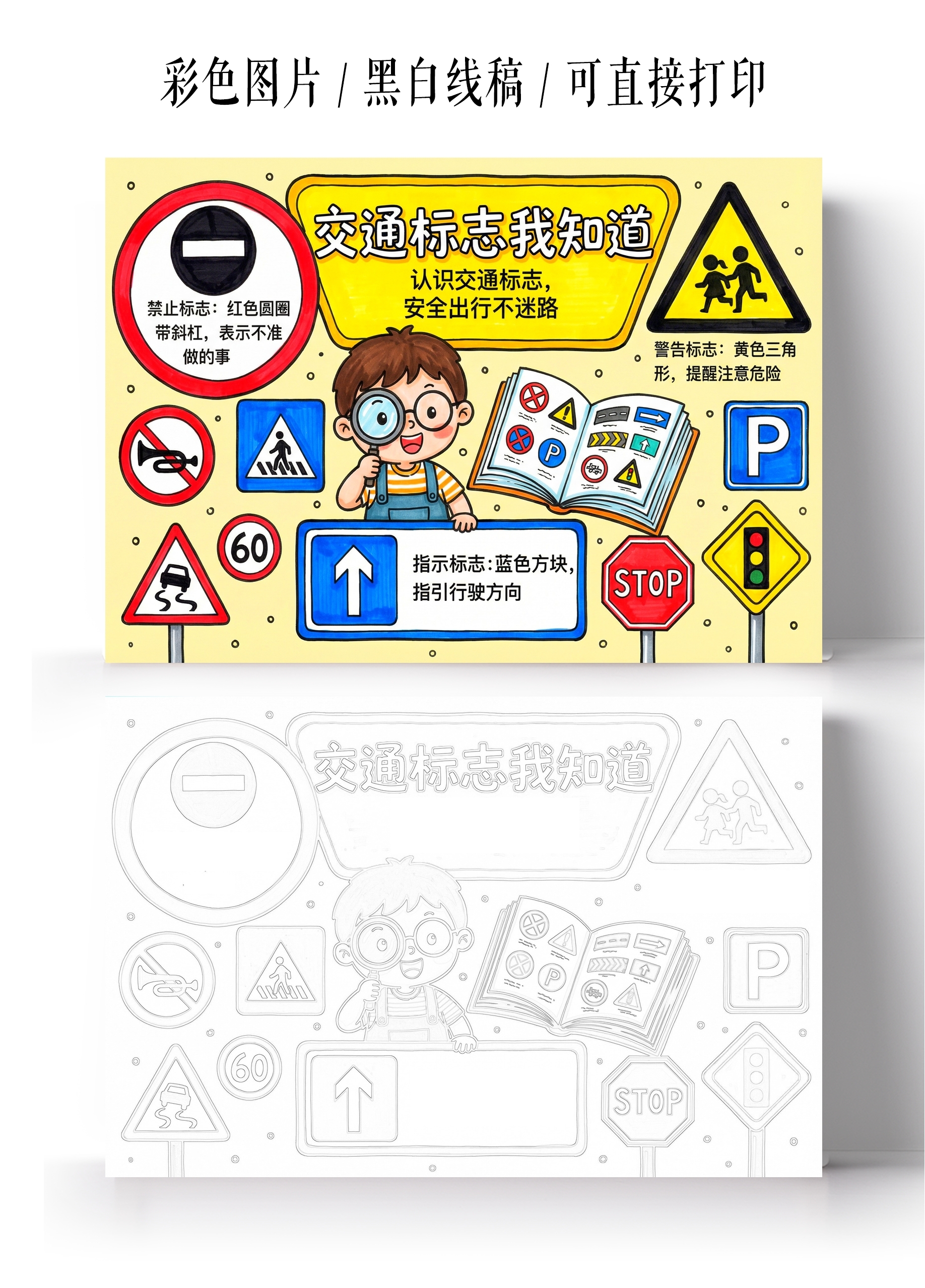 彩色卡通手绘交通标志我知道小报手抄报