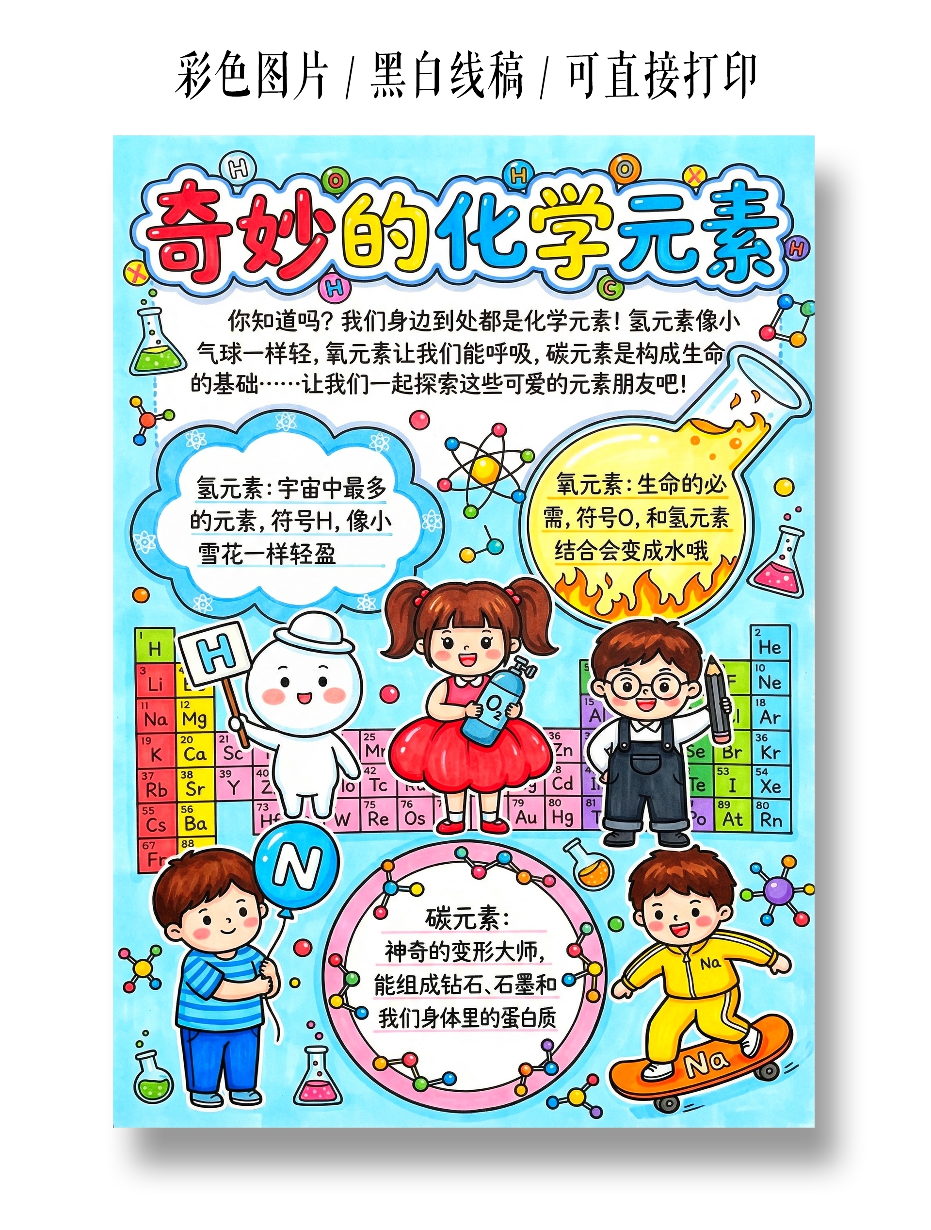 彩色卡通手绘奇妙的化学元素小报手抄报