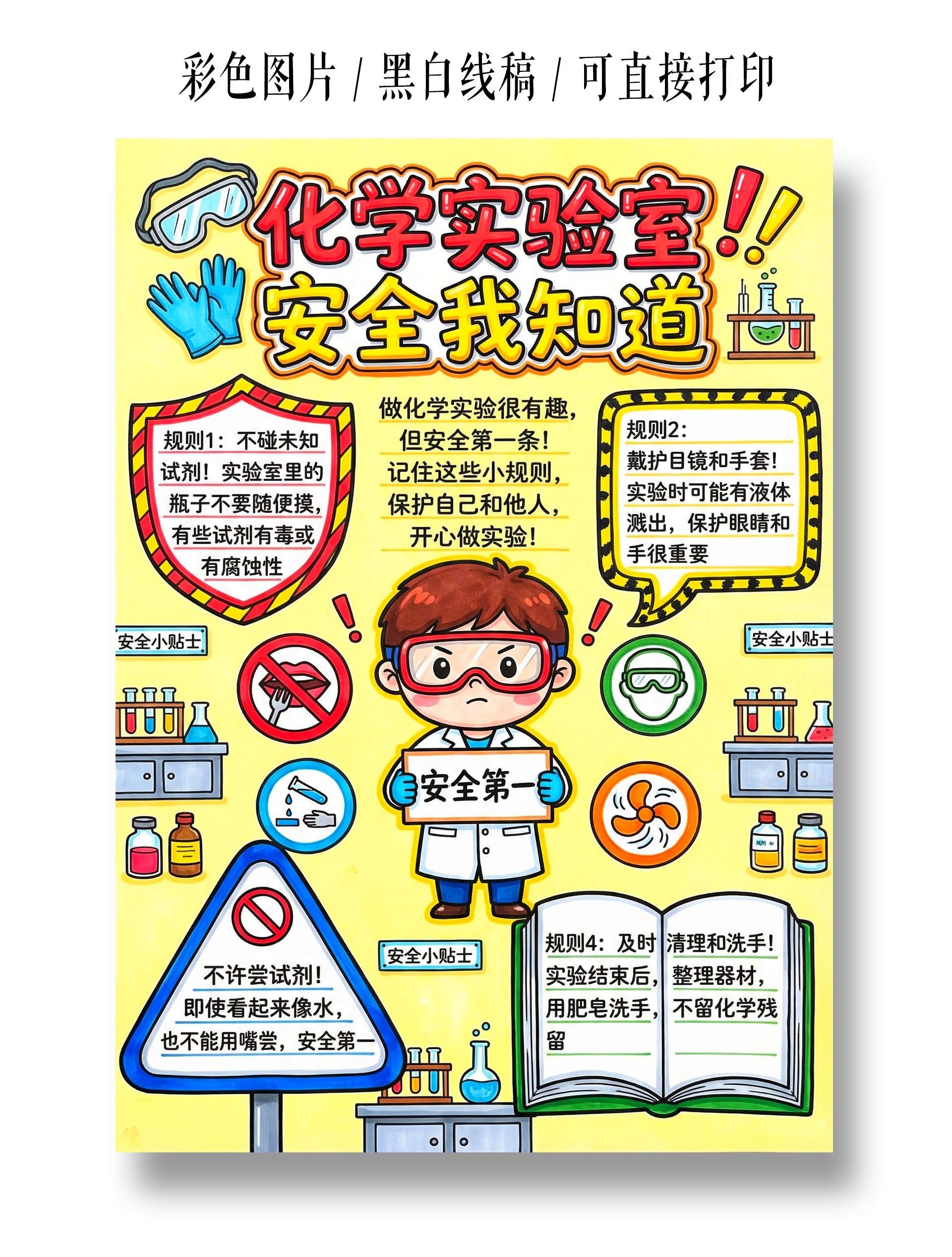 彩色卡通手绘化学实验室安全我知道小报手抄报