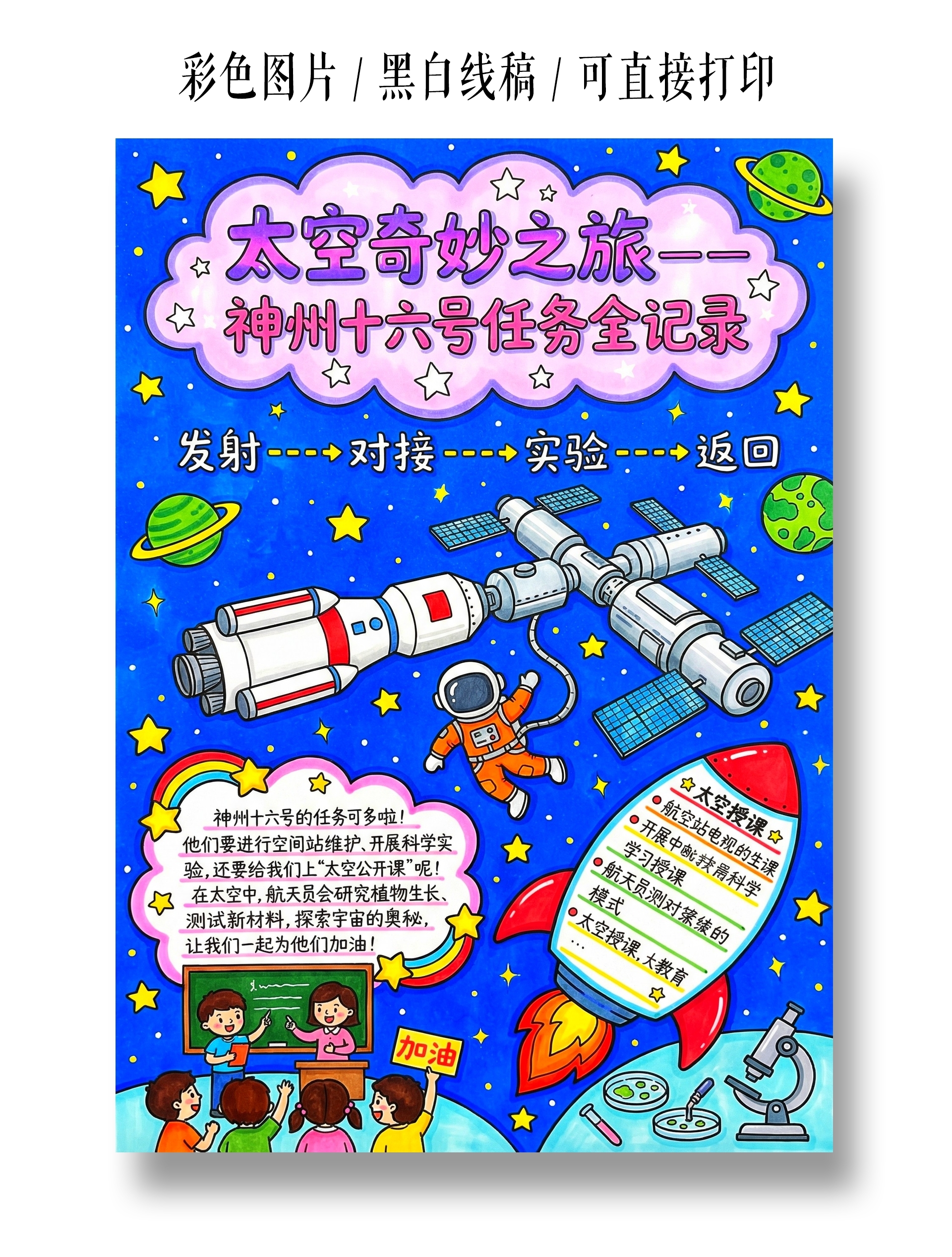 彩色卡通手绘太空奇妙之旅神州十六号任务全记录小报手抄报