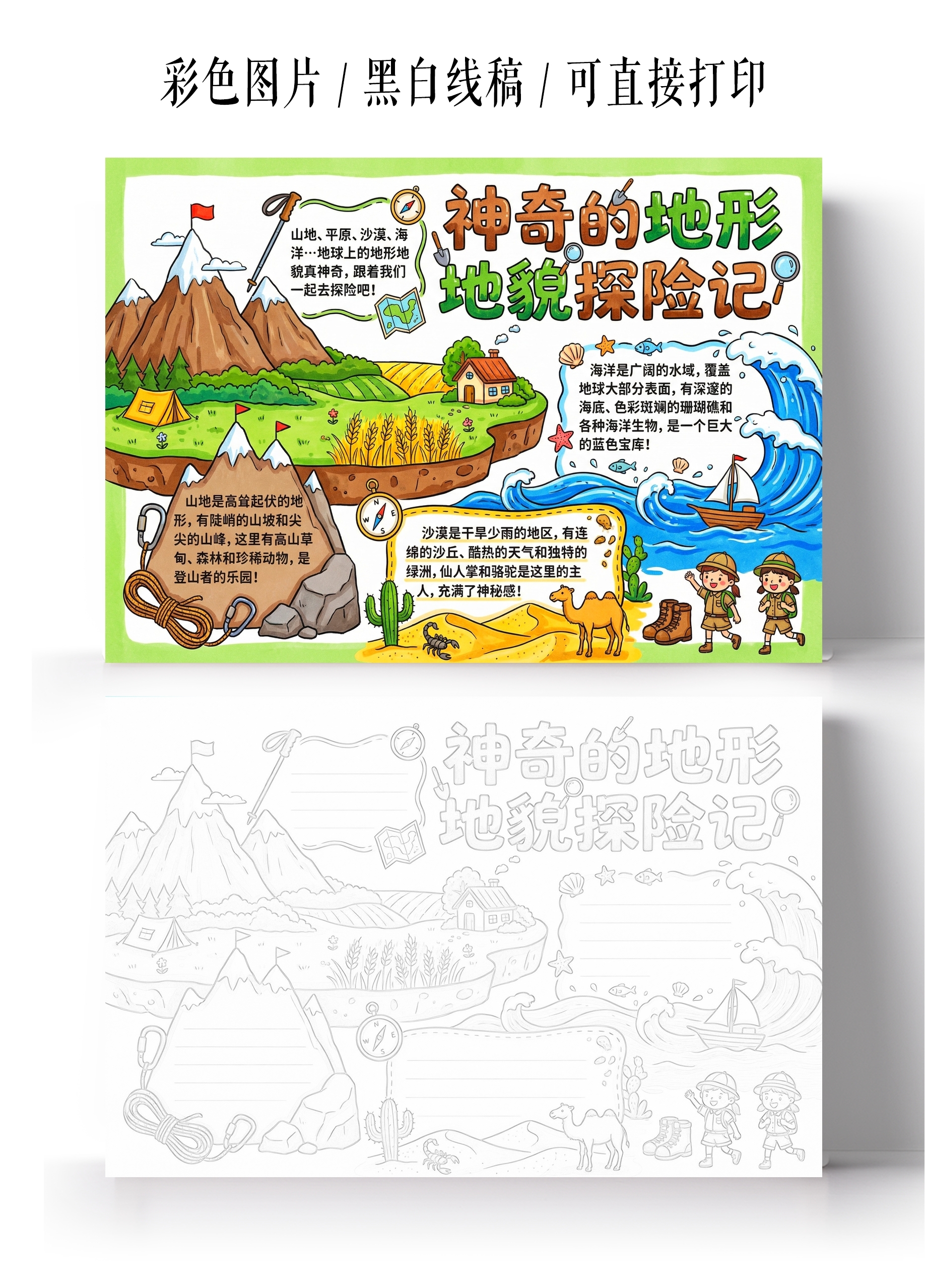 彩色卡通手绘神奇的地形地貌探险记小报手抄报