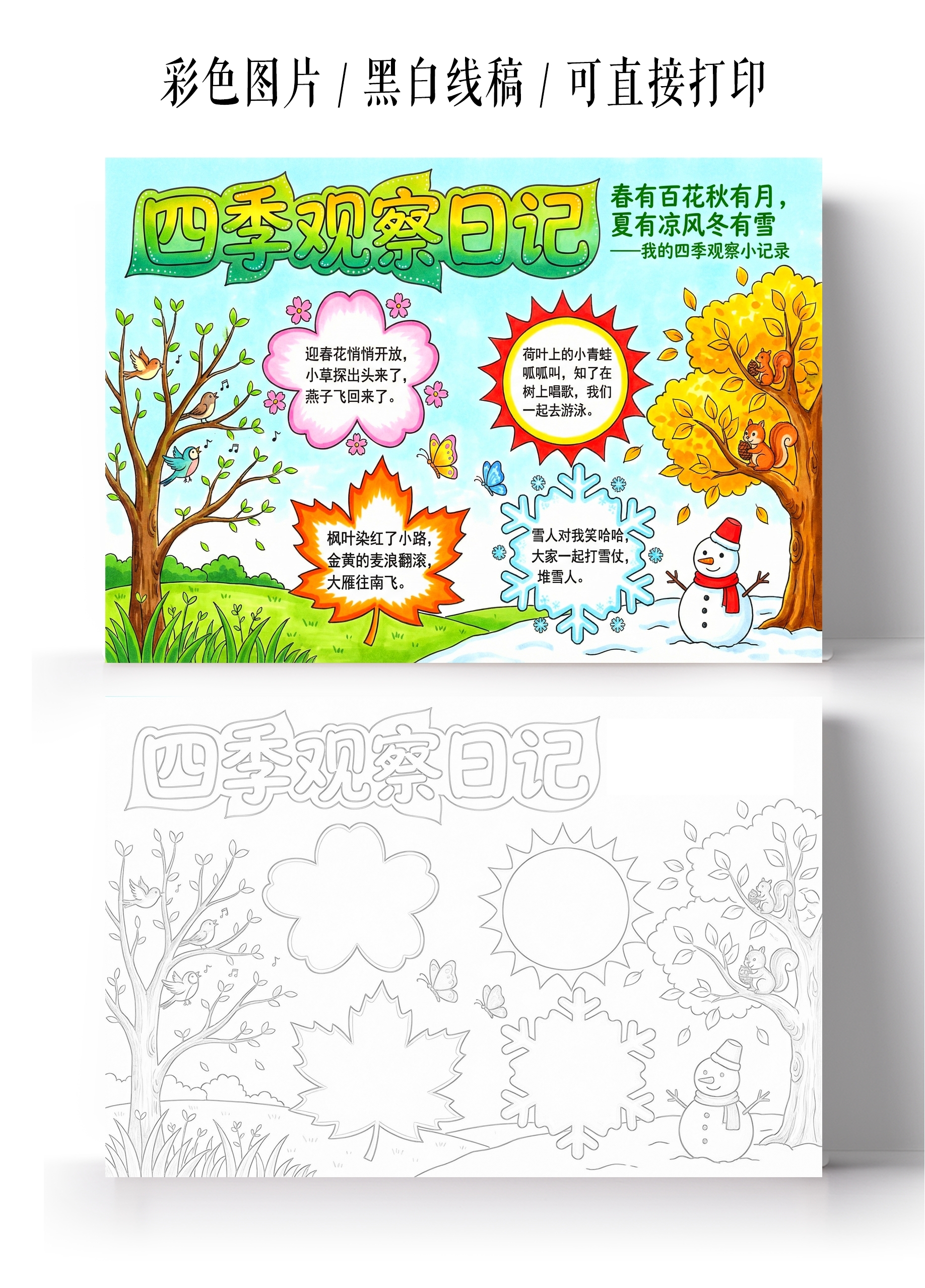 彩色卡通手绘四季观察日记小报手抄报