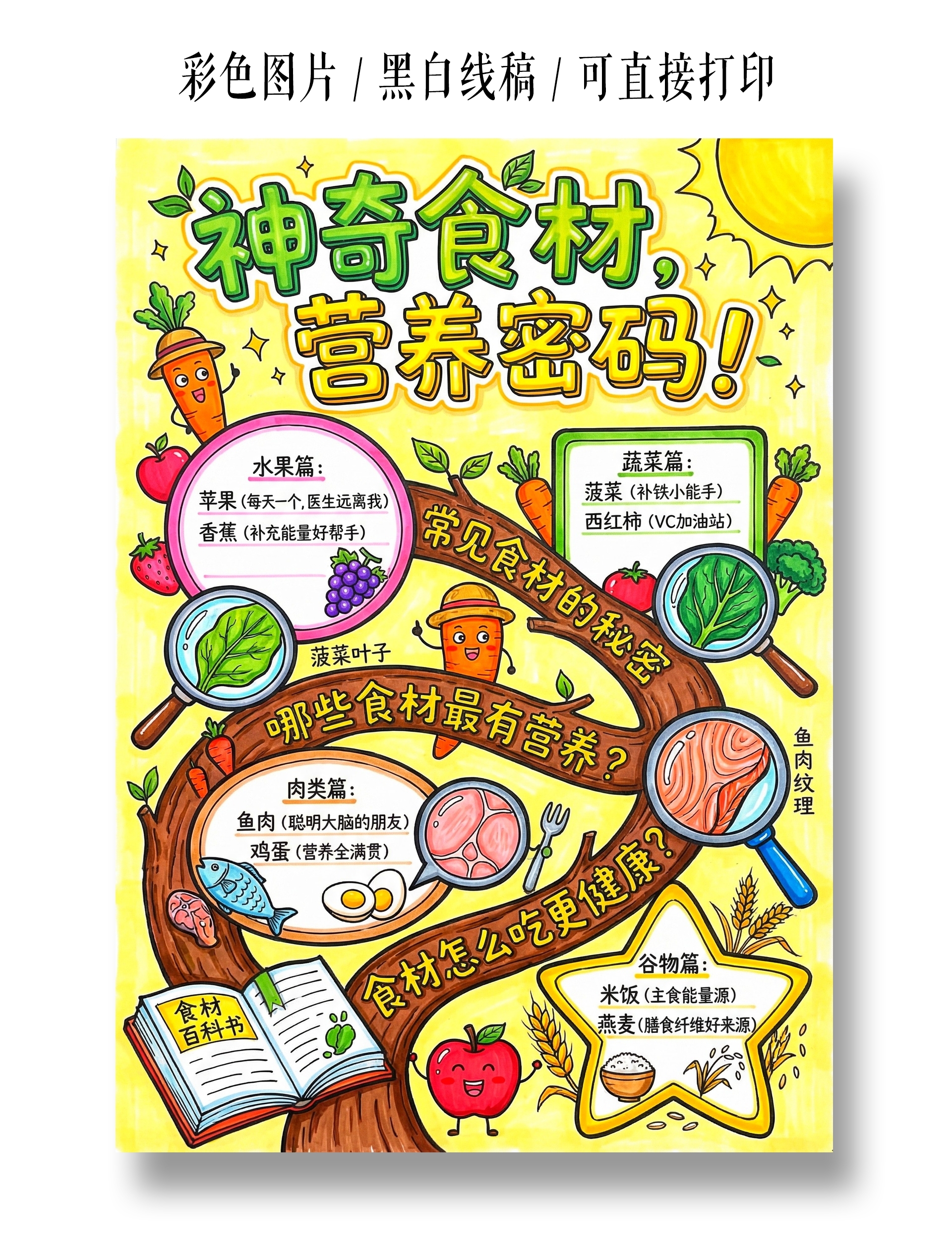 彩色卡通手绘神奇食材营养密码小报手抄报小学生手抄报