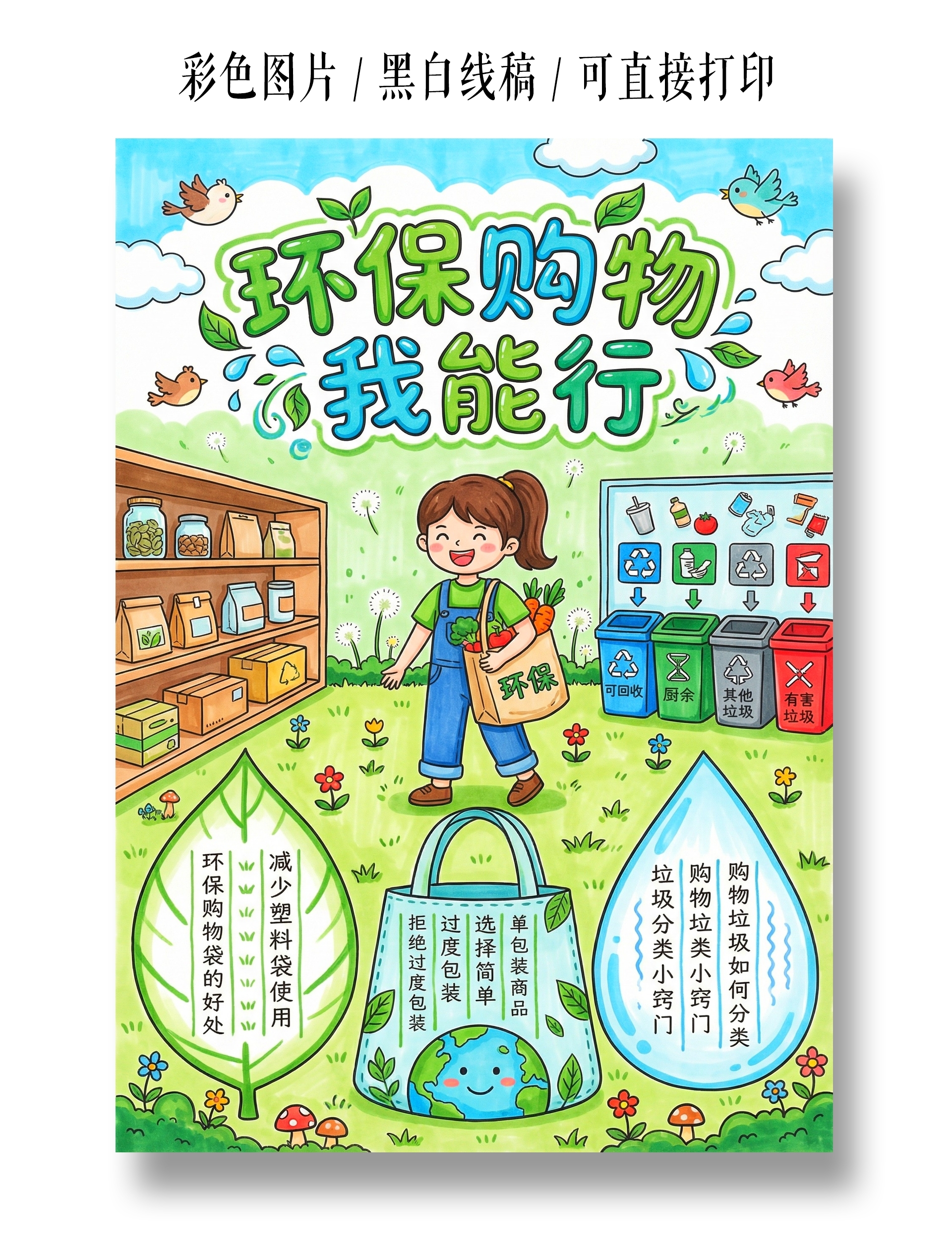 彩色卡通手绘环保购物我能行小报手抄报小学生手抄报