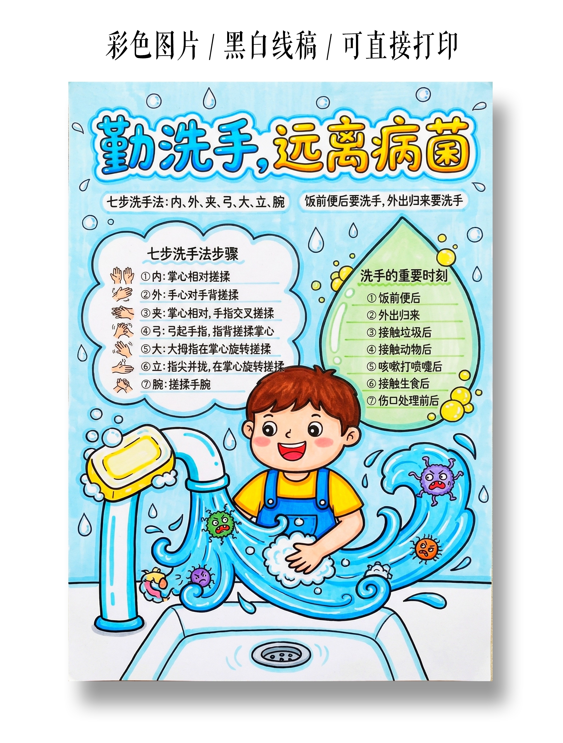 彩色卡通手绘勒洗手远离病菌小报手抄报小学生手抄报