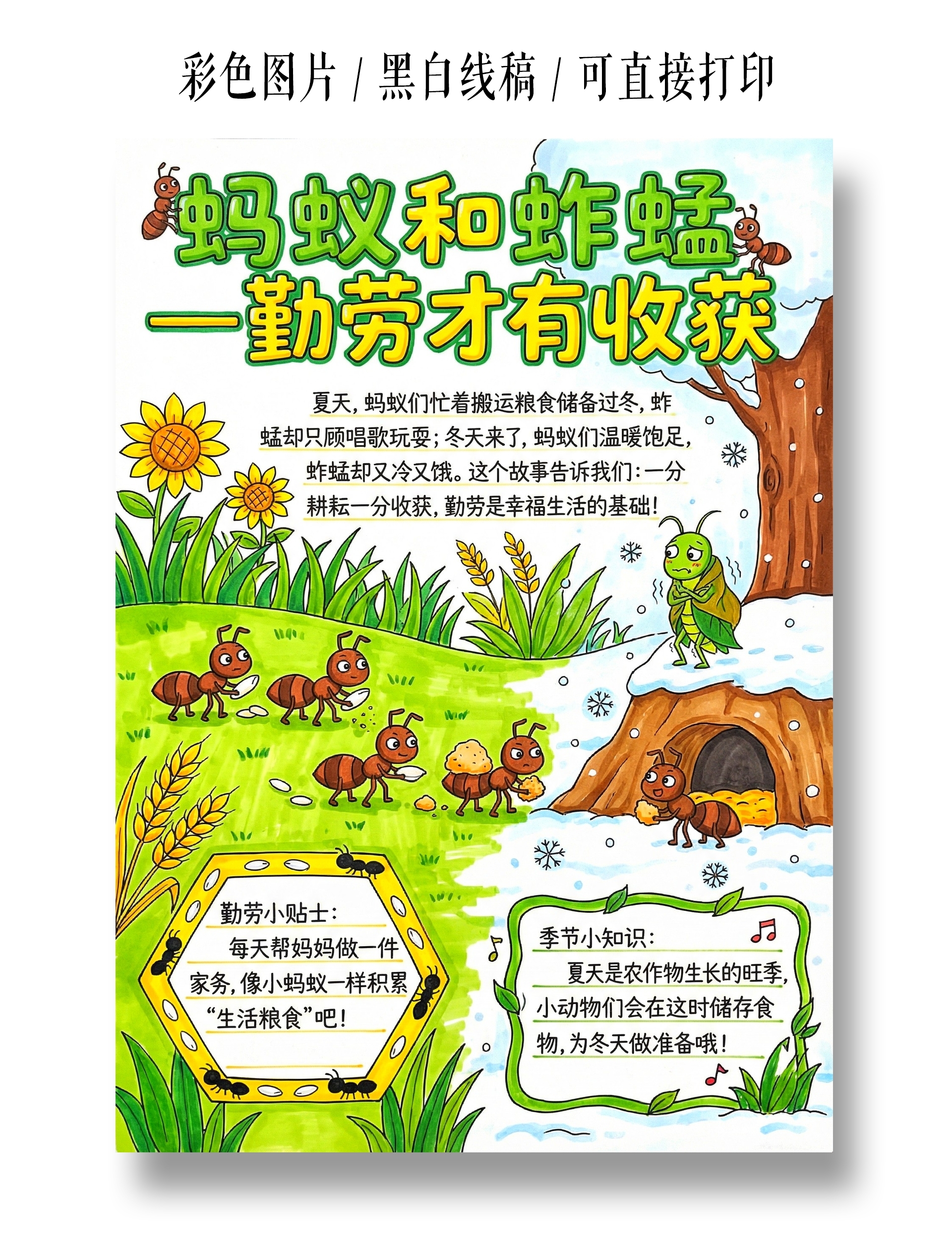 彩色卡通手绘蚂蚁和蚱猛勤劳才有收获小报手抄报小学生手抄报