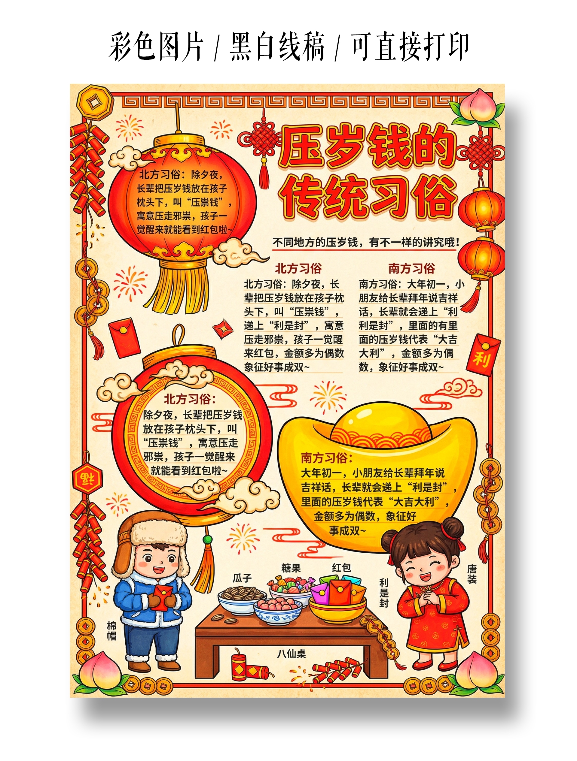 彩色卡通手绘压岁钱的传统习俗小报手抄报小学生手抄报
