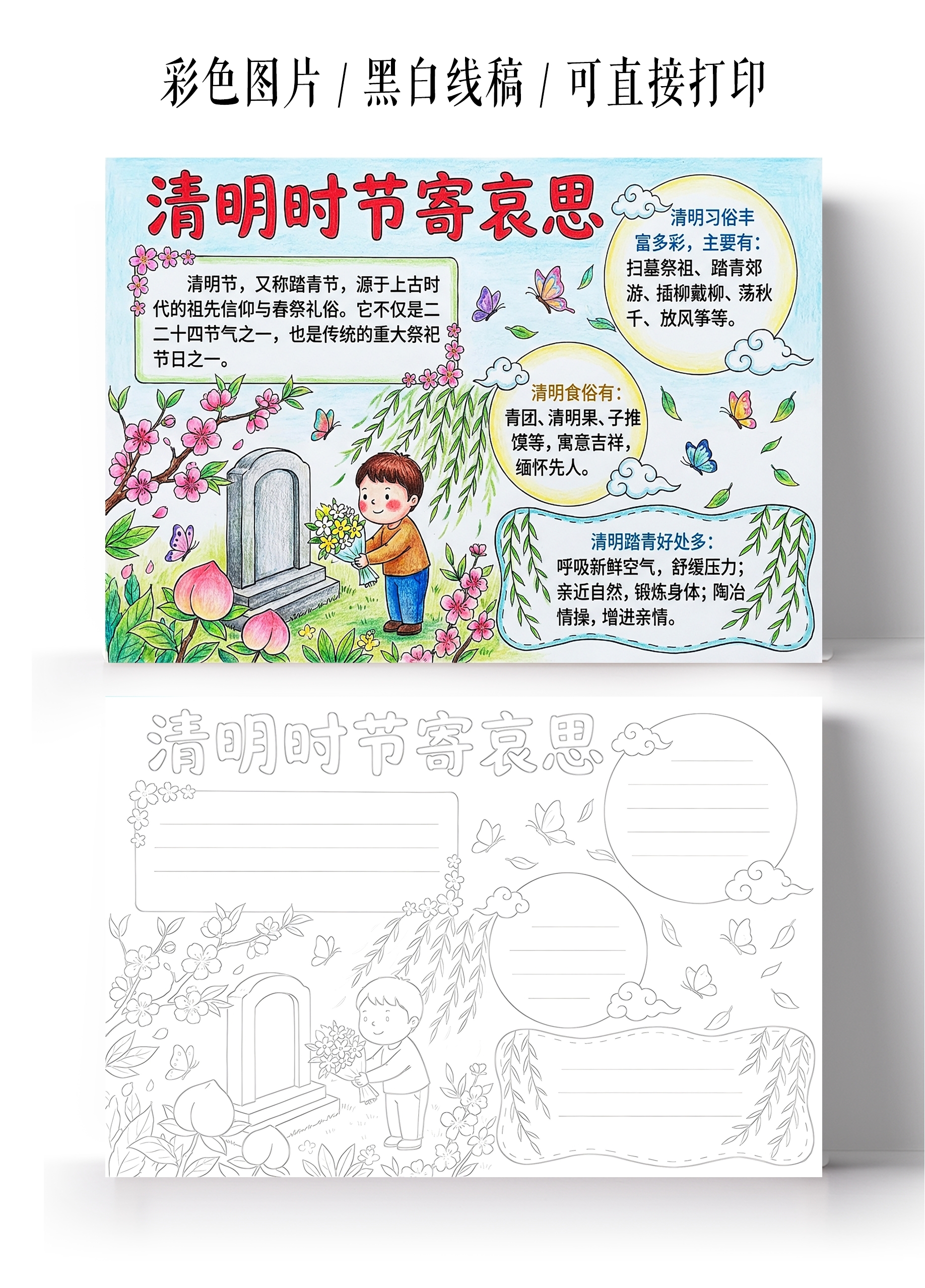 彩色卡通手绘清明时节寄哀思小报手抄报小学生手抄报