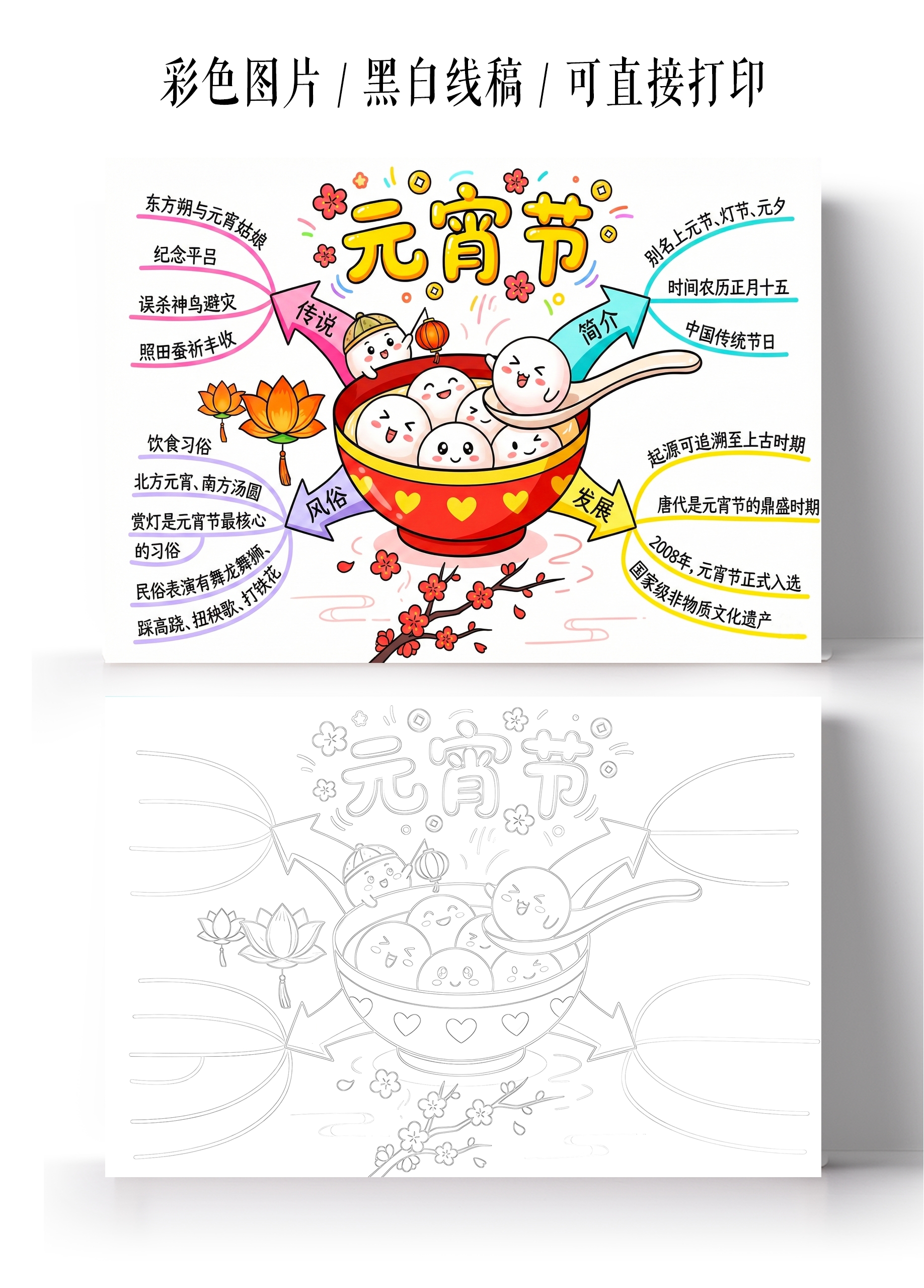 彩色卡通手绘元宵节小报手抄报小学生手抄报