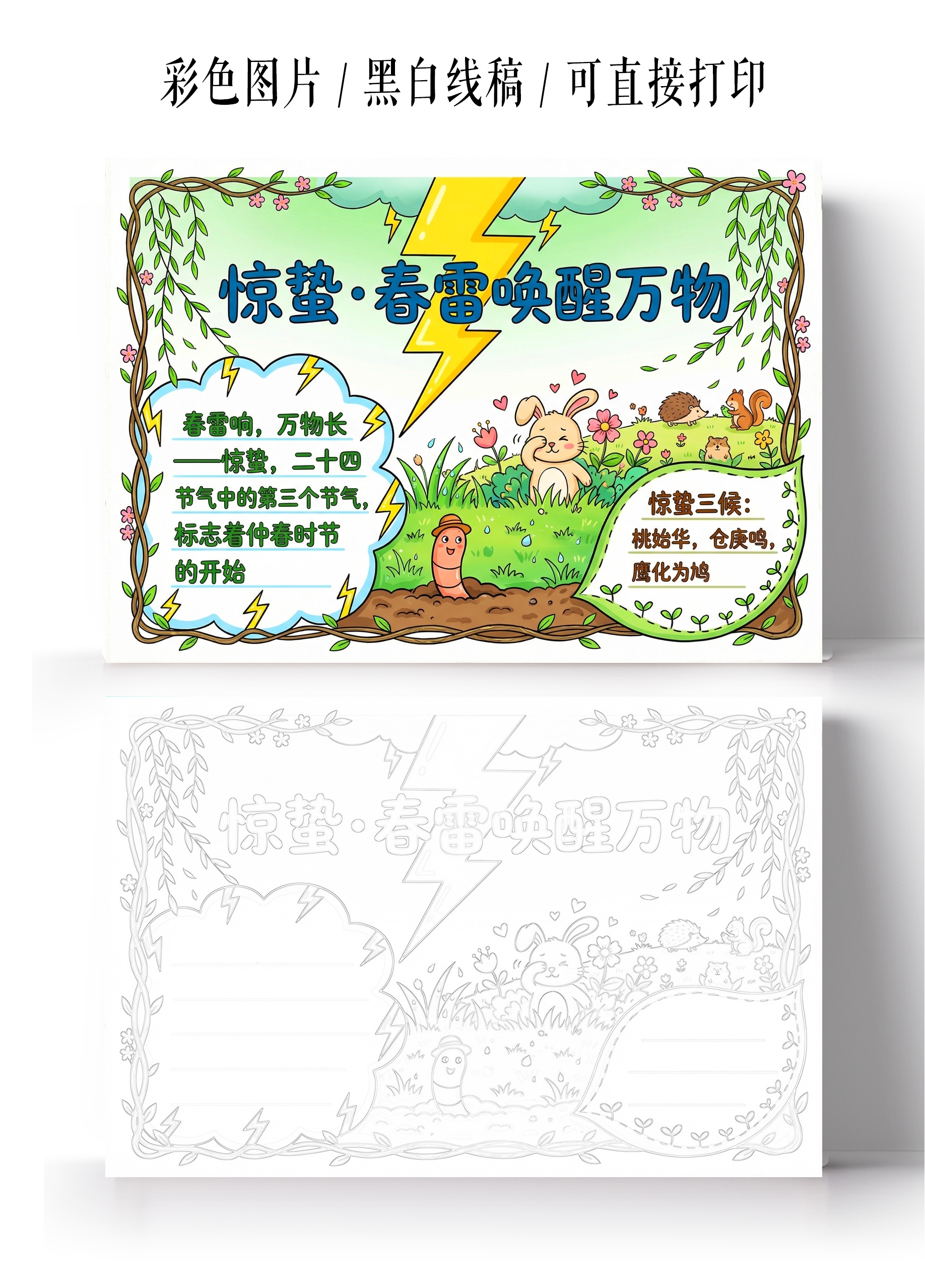 彩色卡通手绘惊蛰春雷唤醒万物小报手抄报小学生手抄报