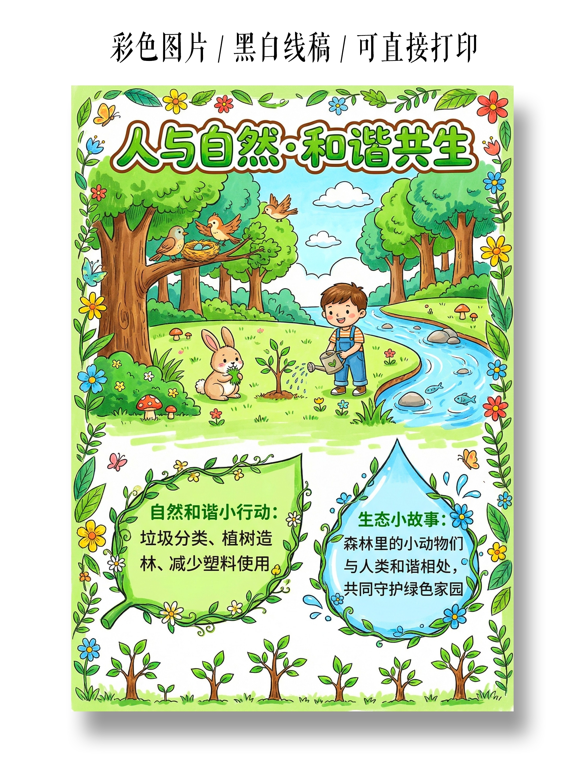 彩色卡通手绘人与自然和谐共生小报手抄报小学生手抄报