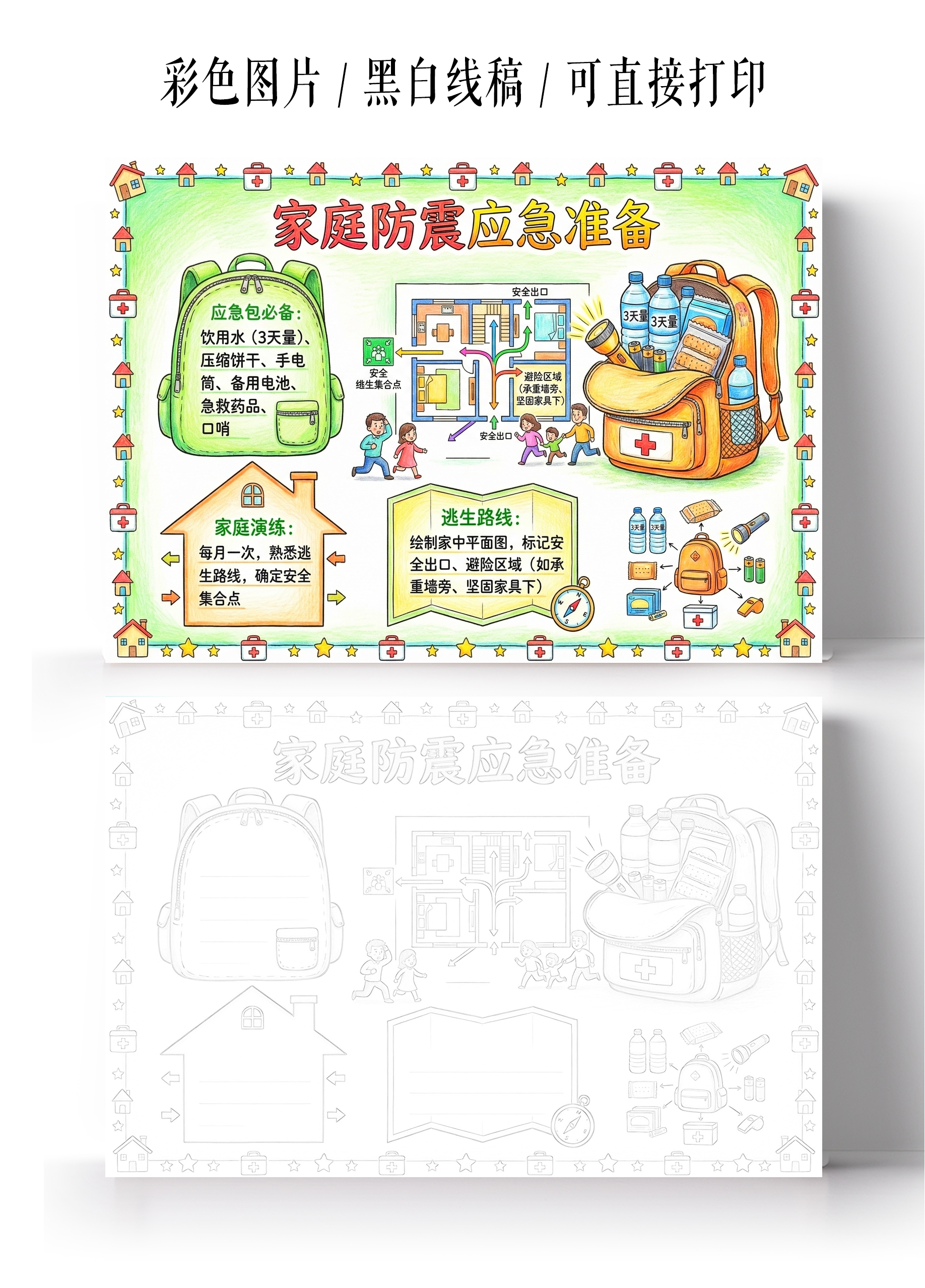 彩色卡通手绘家庭防震应急准备小报手抄报小学生手抄报