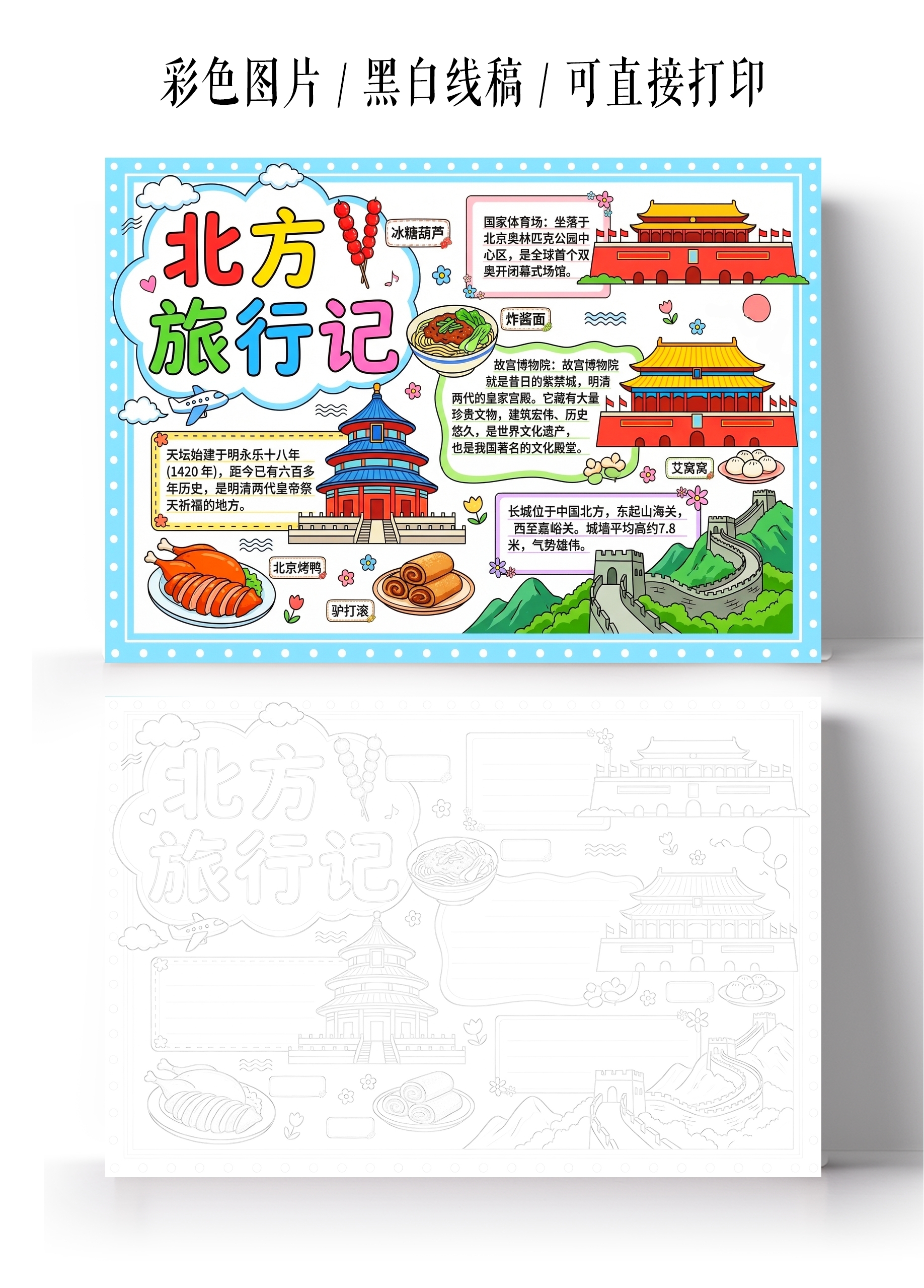 彩色卡通手绘北京旅行记小报手抄报小学生手抄报