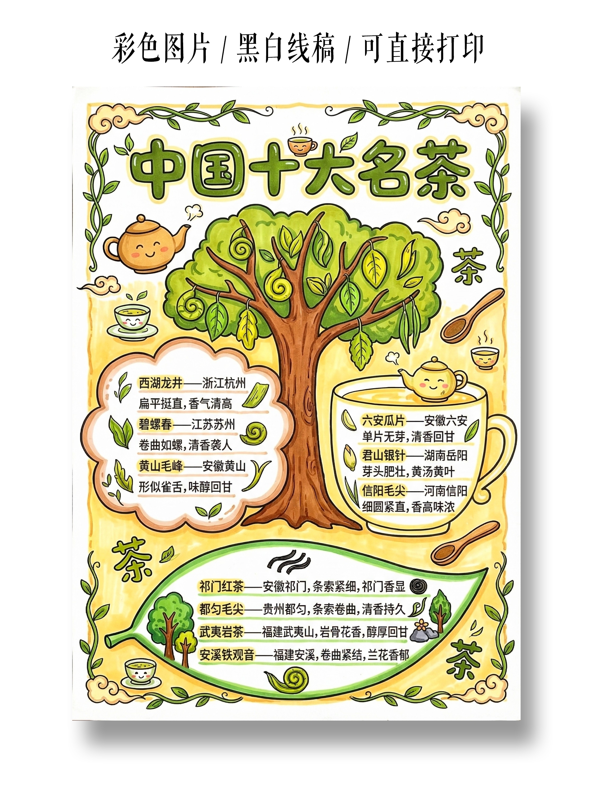 彩色卡通手绘中国十大名茶小报手抄报小学生手抄报