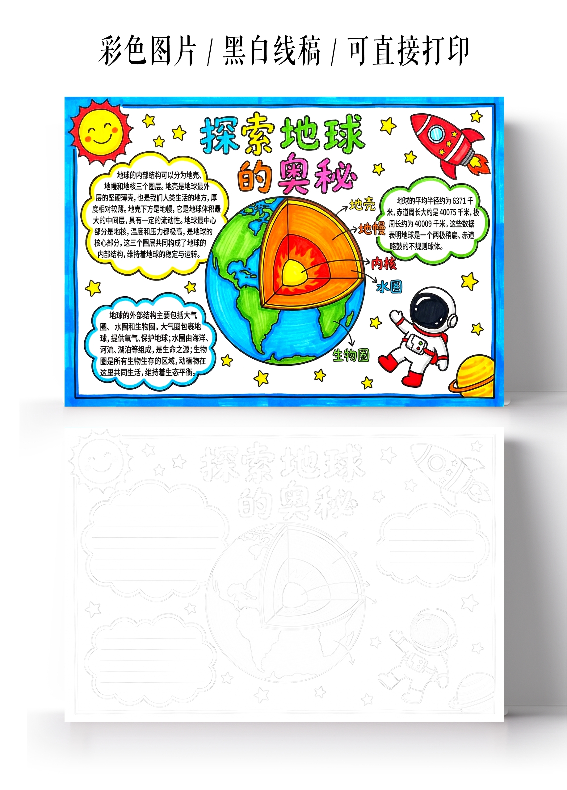 彩色卡通手绘探索地球的奥秘小报手抄报小学生手抄报