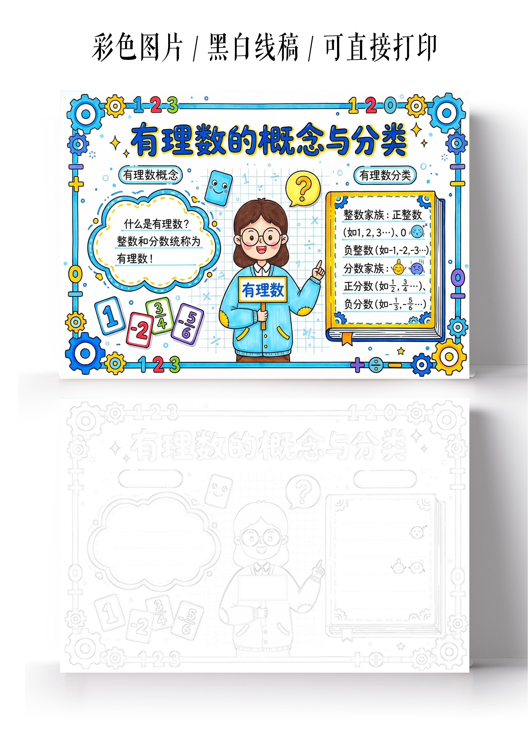 彩色卡通手绘有理数的概念与分类小报手抄报小学生手抄报
