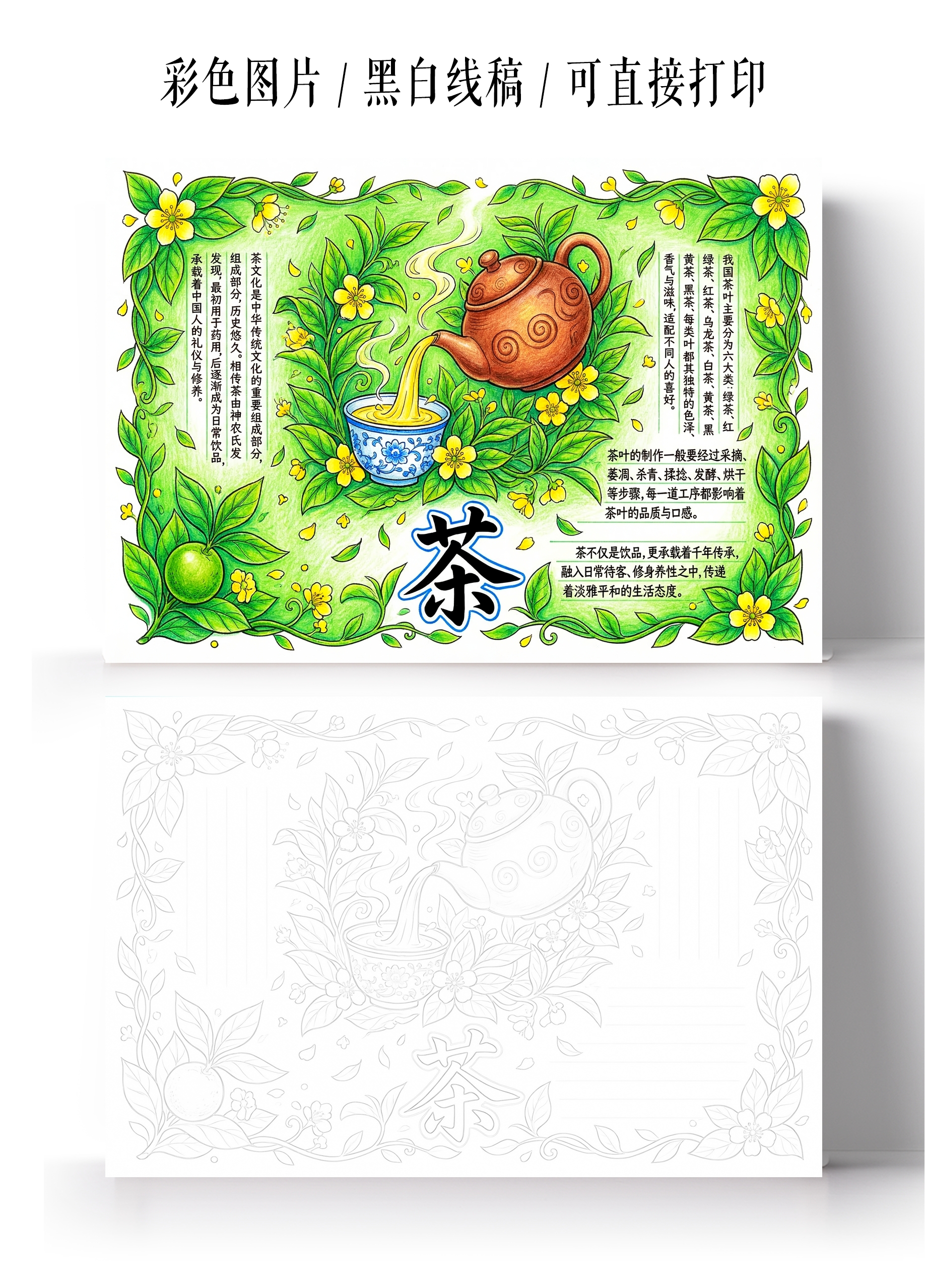 彩色卡通手绘茶小报手抄报小学生手抄报