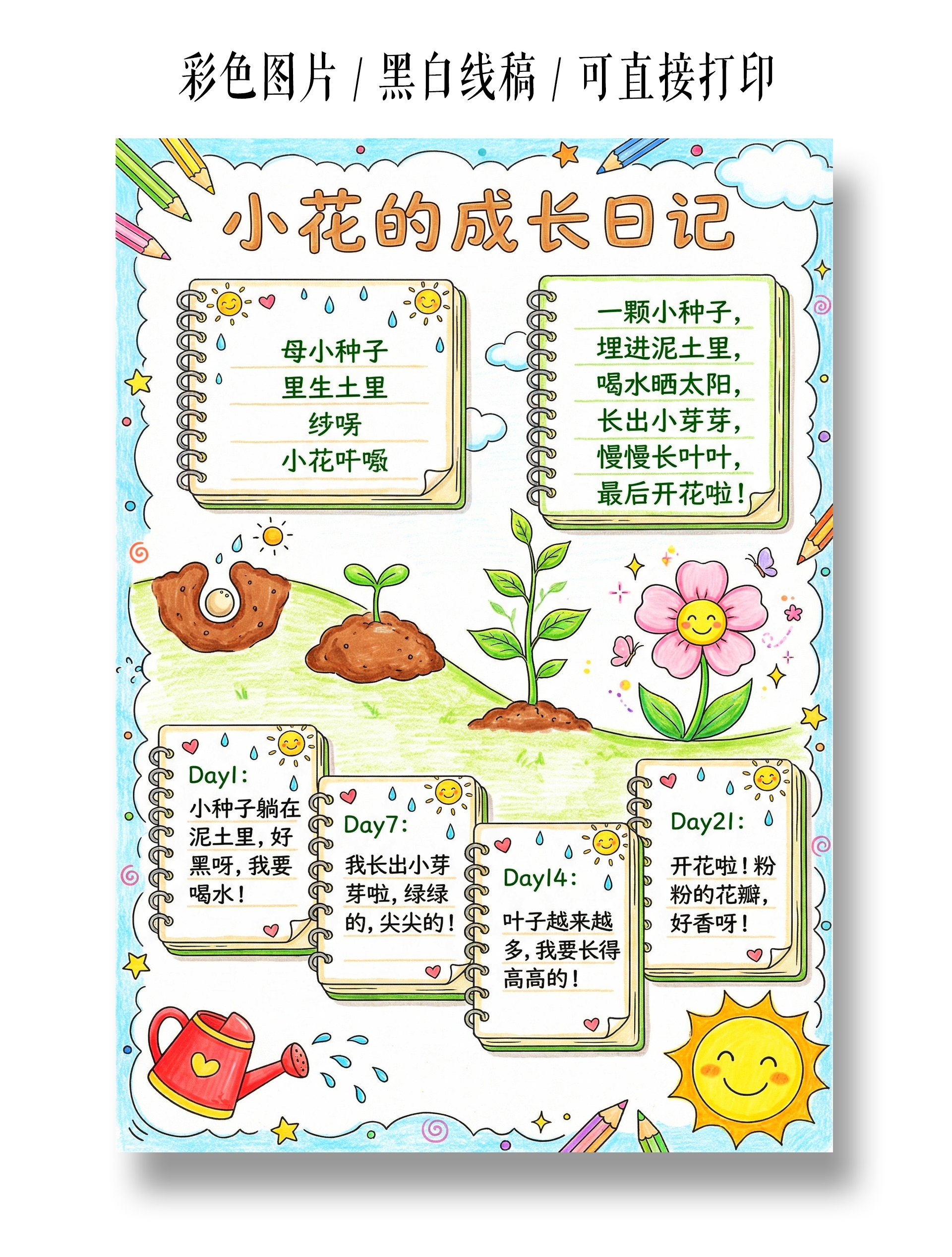 彩色卡通手绘小花成长日记小报手抄报小学生手抄报