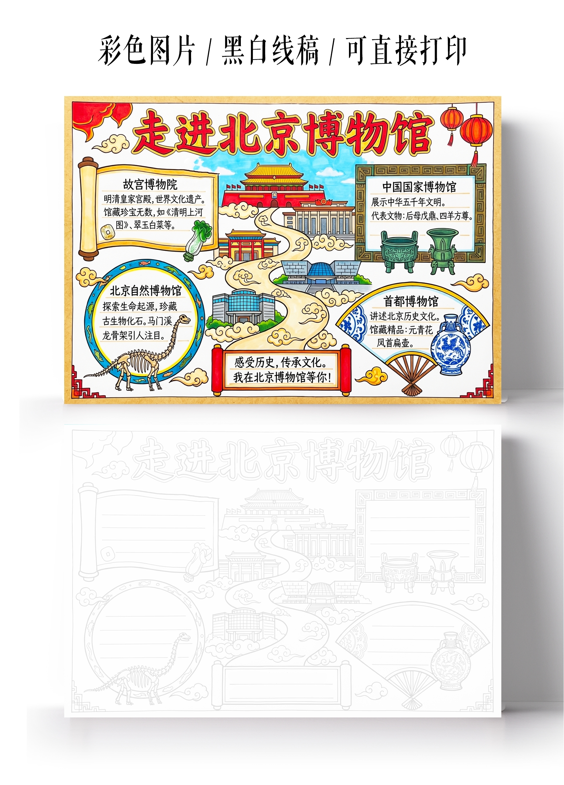 彩色卡通手绘走进北京博物馆小报手抄报小学生手抄报